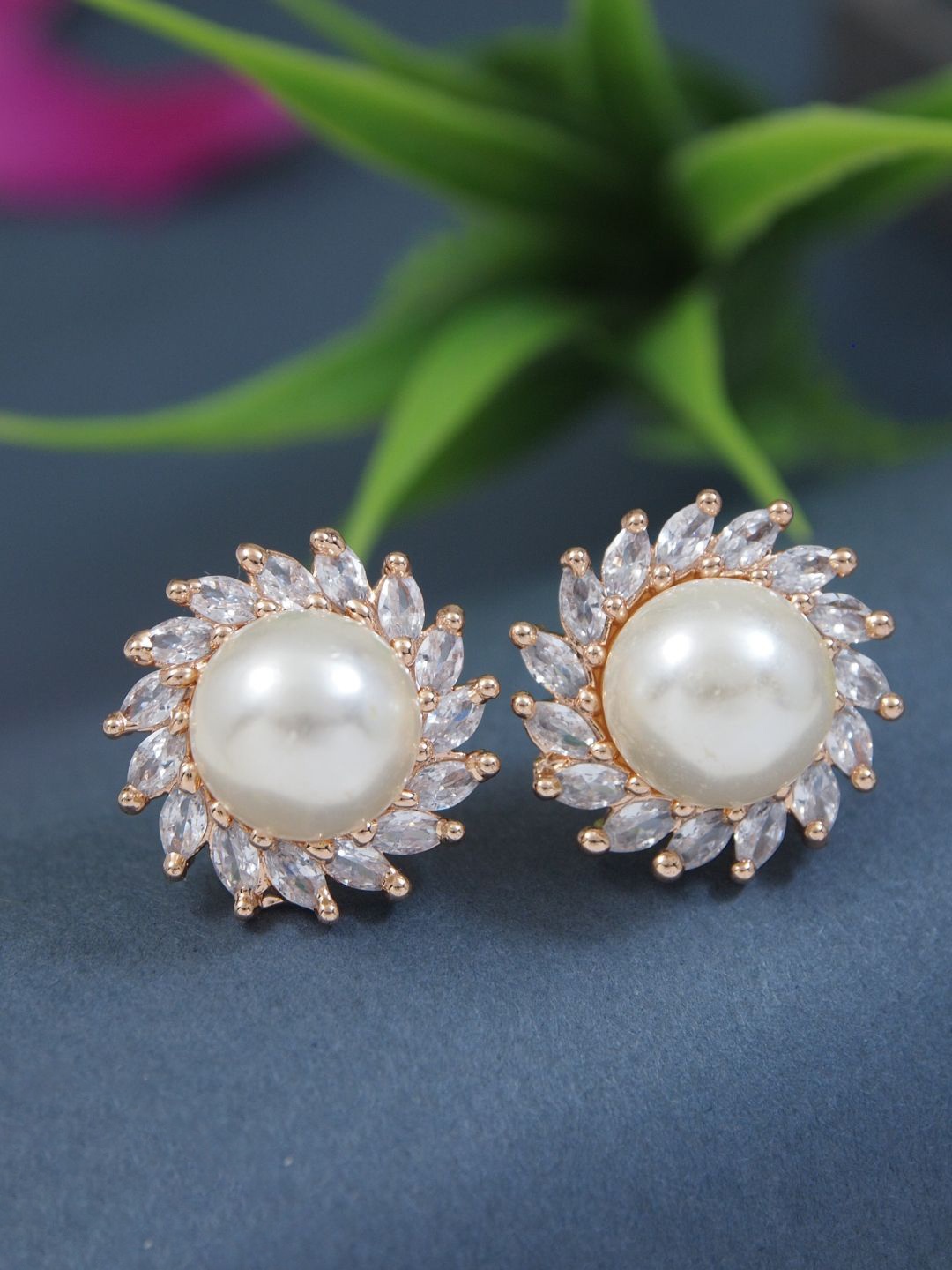 

I Jewels Rose Gold Plated Pearls & Stone Studded Floral Shaped Studs
