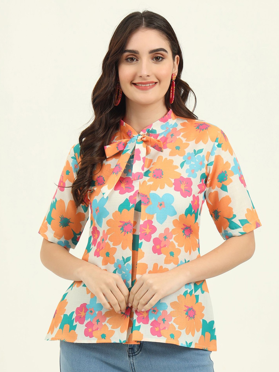 

AAA CREATION Floral Print Tie-Up Neck Top, White