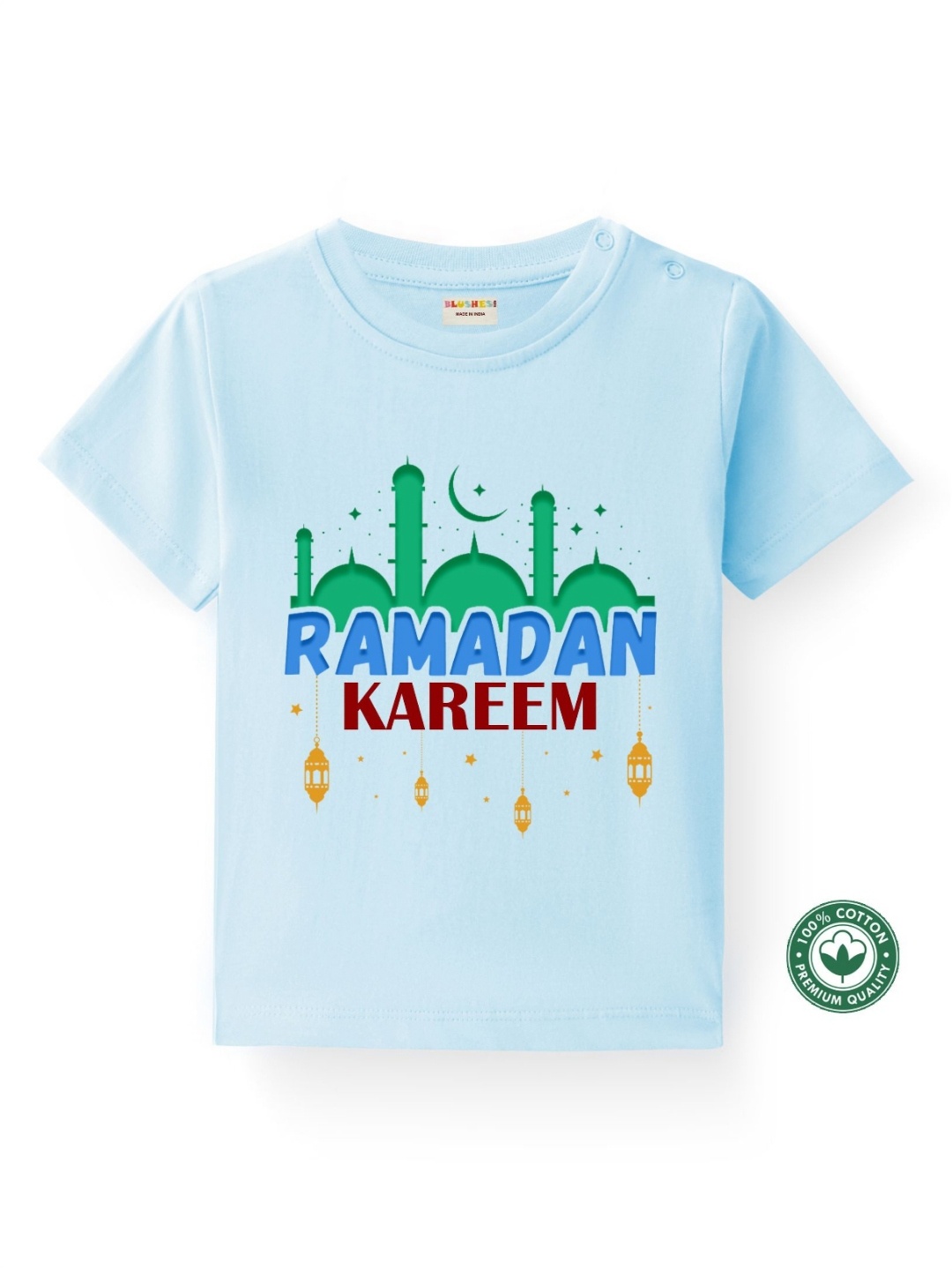 

BLUSHES Kids Eid Typography Printed Round Neck Pure Cotton T-shirt, Blue