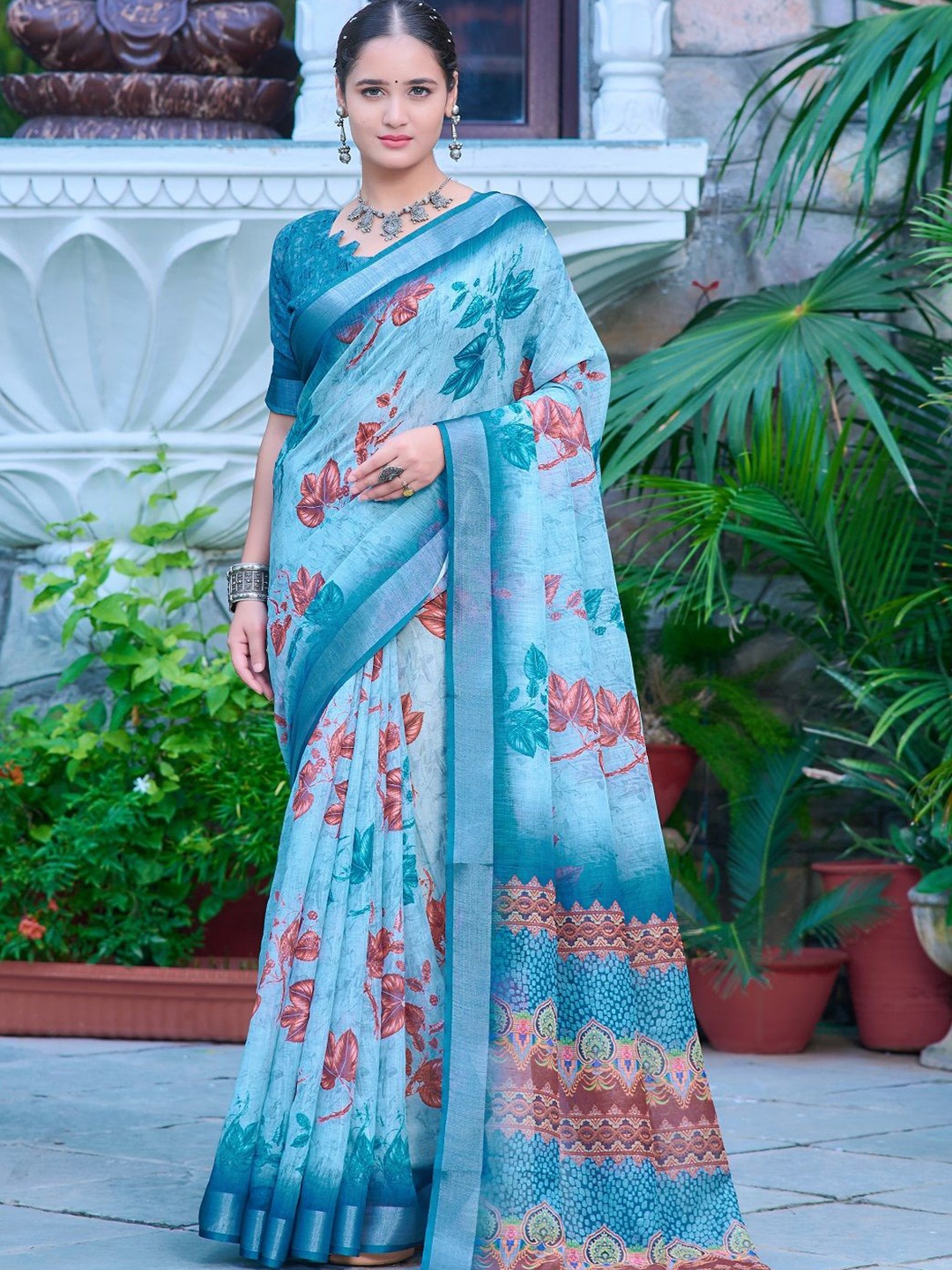

Mitera Floral Printed Zari Pure Cotton Saree, Blue