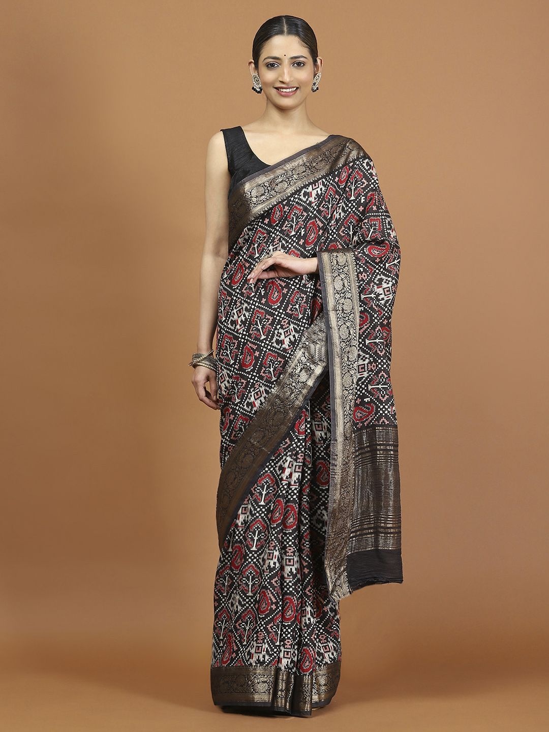 

Meena Bazaar Ethnic Motifs Printed Zari Saree, Black