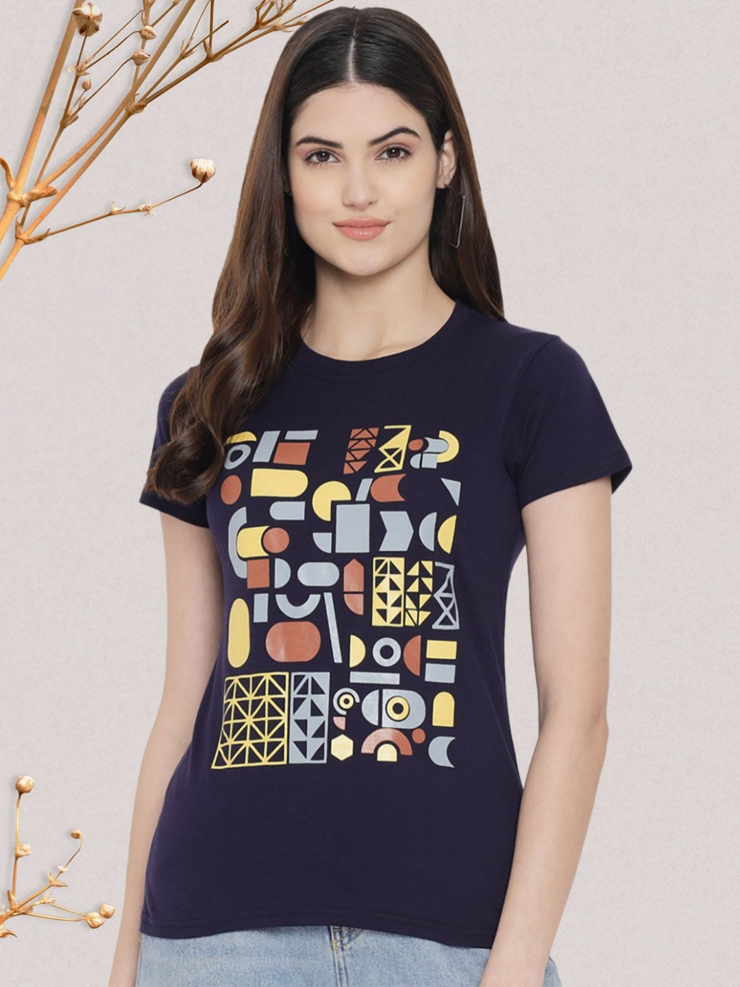 

Dreambe Women Typography Printed Round Neck Short Sleeve Pure Cotton Casual T-Shirt, Navy blue