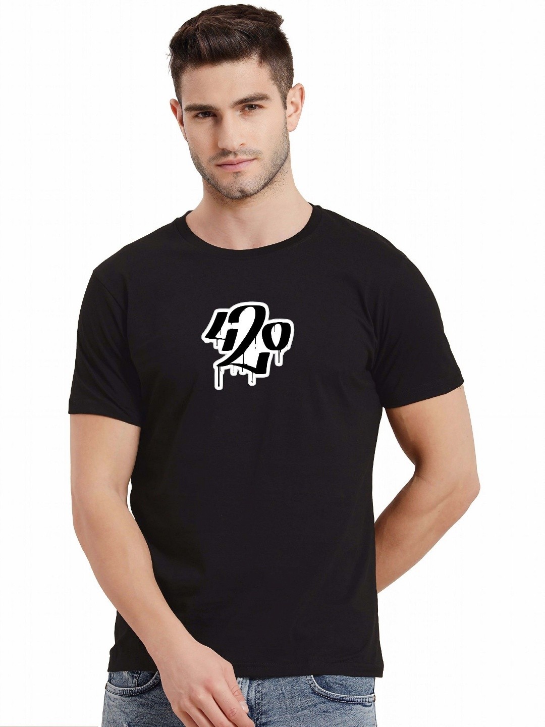 

THE BEETEL HOUSE Graphic Printed Half Sleeves Round Neck Pure Cotton T-shirt, Black