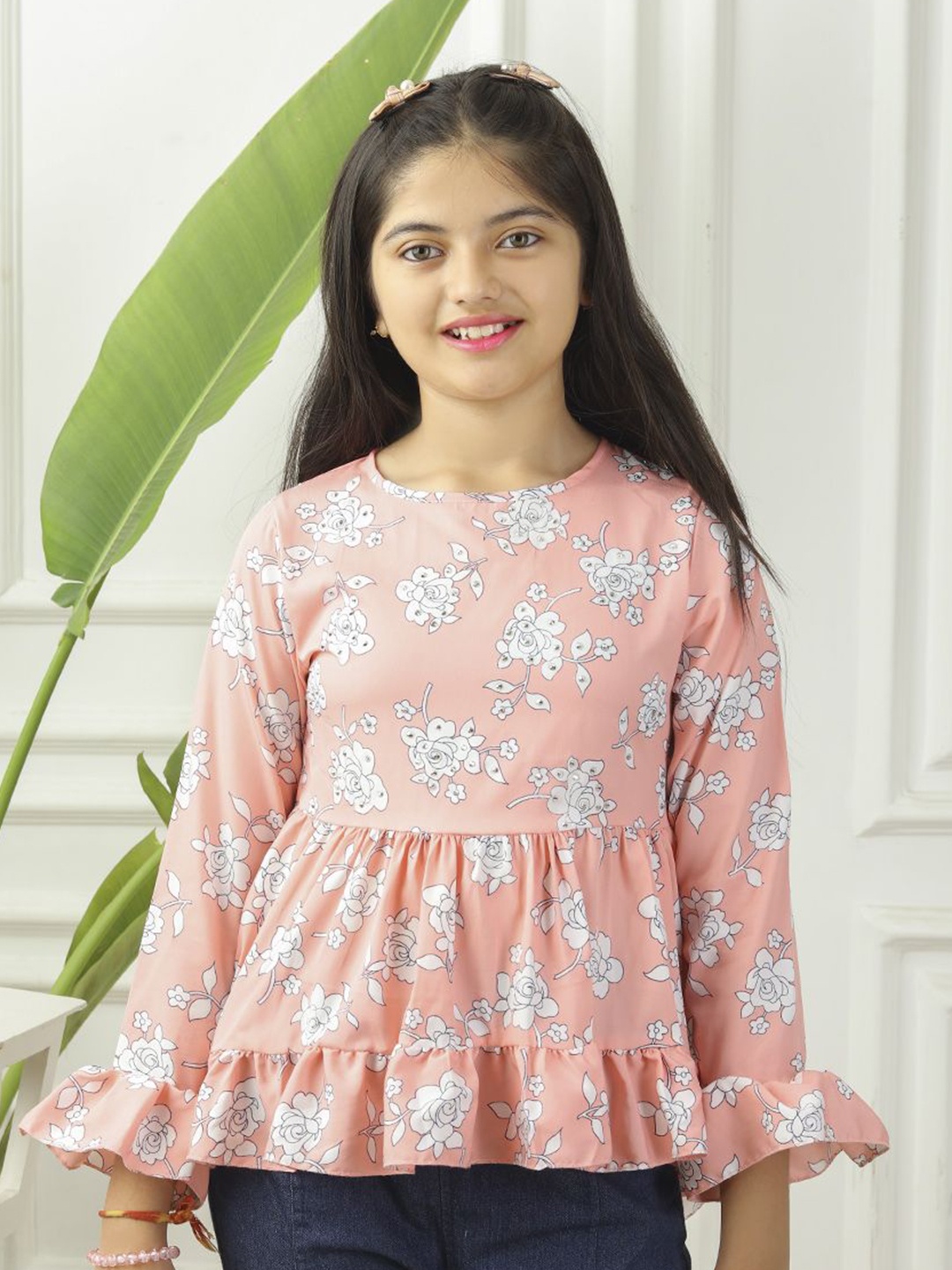 

Miss & Chief Girls Floral Printed Bell Sleeve Ruffles Peplum Top, Peach