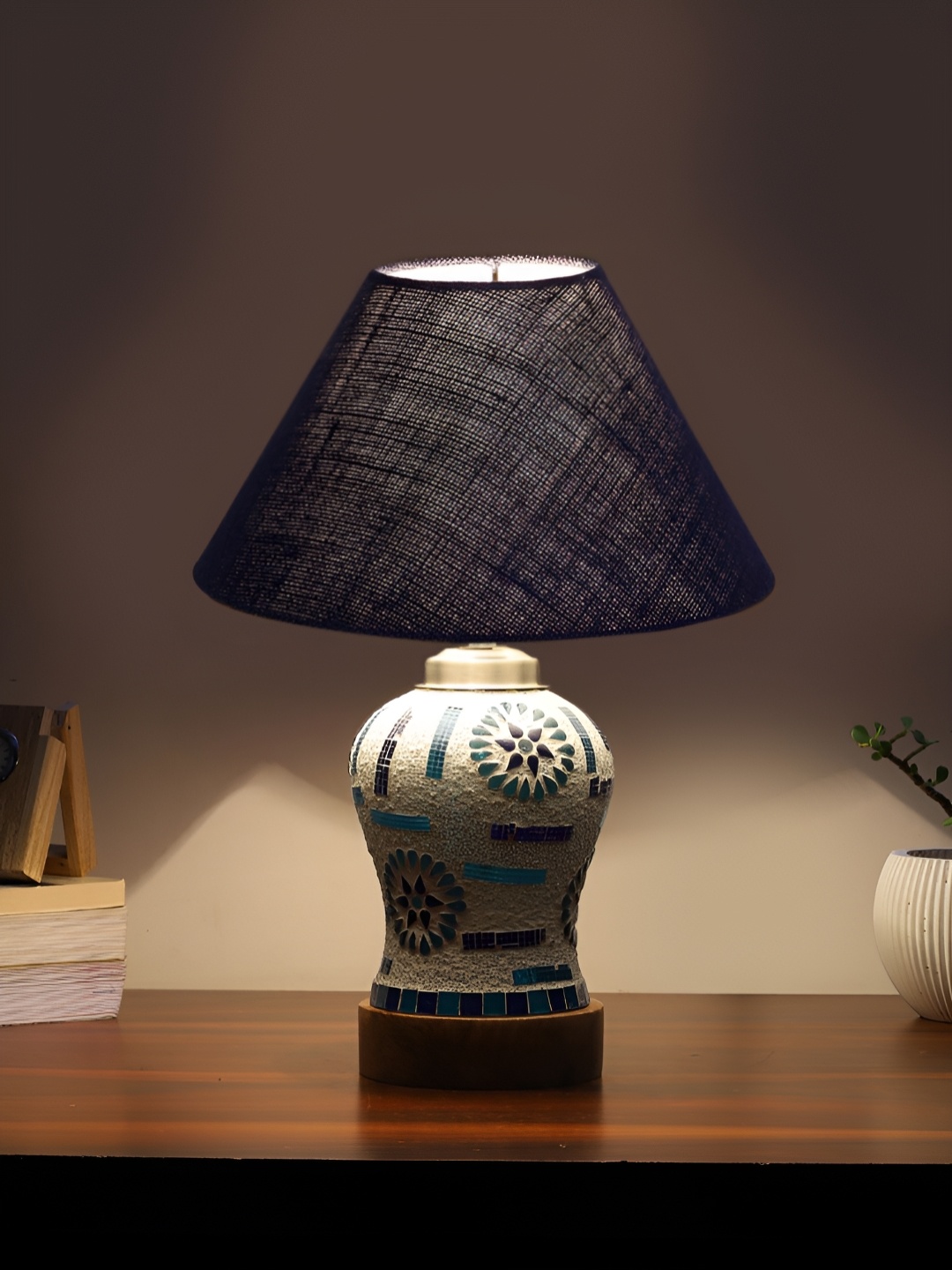 

Devansh Blue Textured Frustum Shaped Wooden Table Lamp