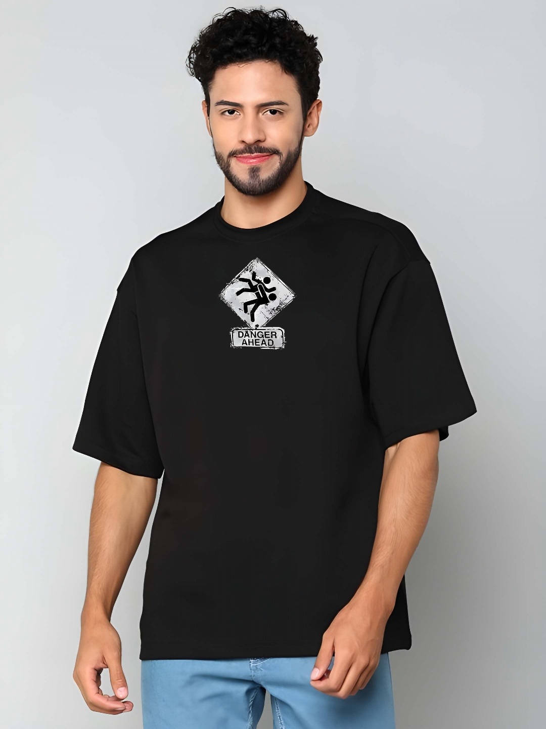 

THE BEETEL HOUSE Men Typography Printed Round Neck Cotton Oversized T-shirt, Black