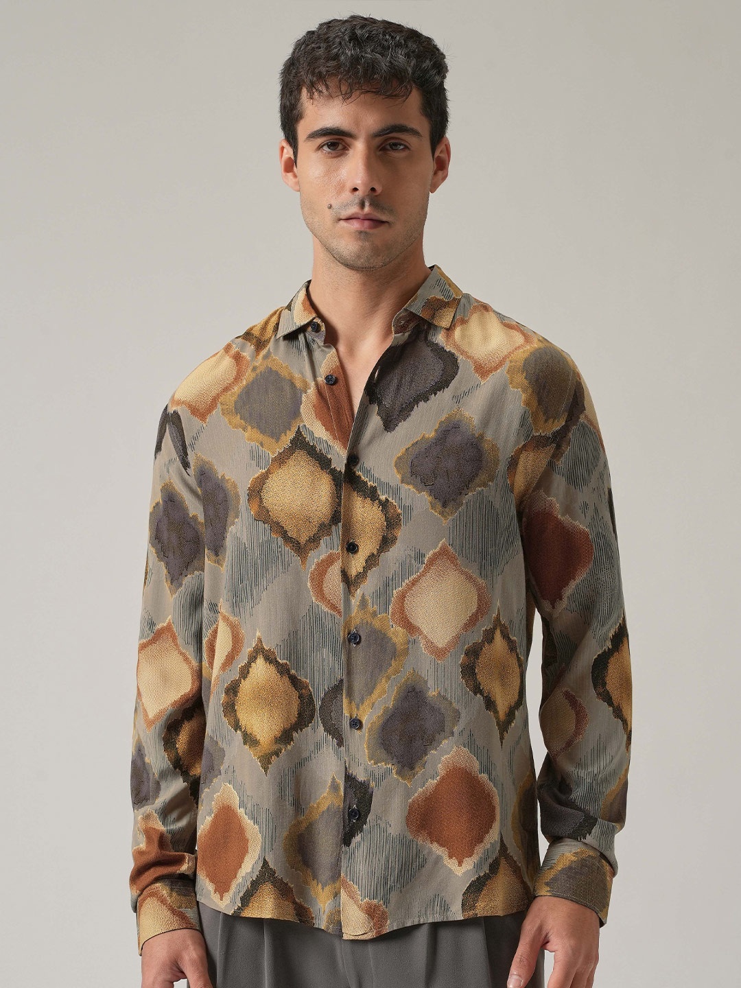 

Banana Club Men Classic Slim Fit Abstract Printed Casual Shirt, Olive