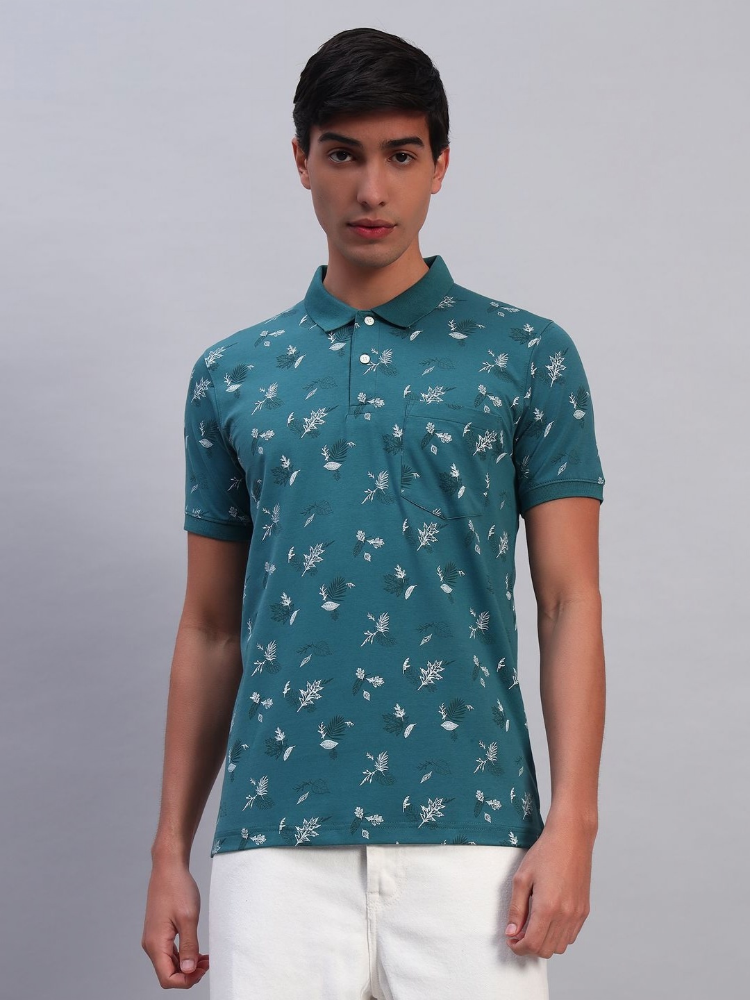 

TMO Men Floral Printed Polo Collar Cotton T-shirt, Turquoise blue