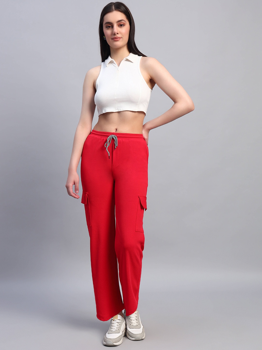 

DIZON Women Original Straight Fit Easy Wash Cargos Trousers, Red