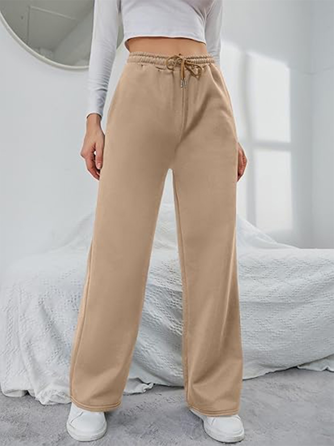 

CLOTHINK INDIA Women Relaxed Fit High-Rise Organic Cotton Trouser, Beige
