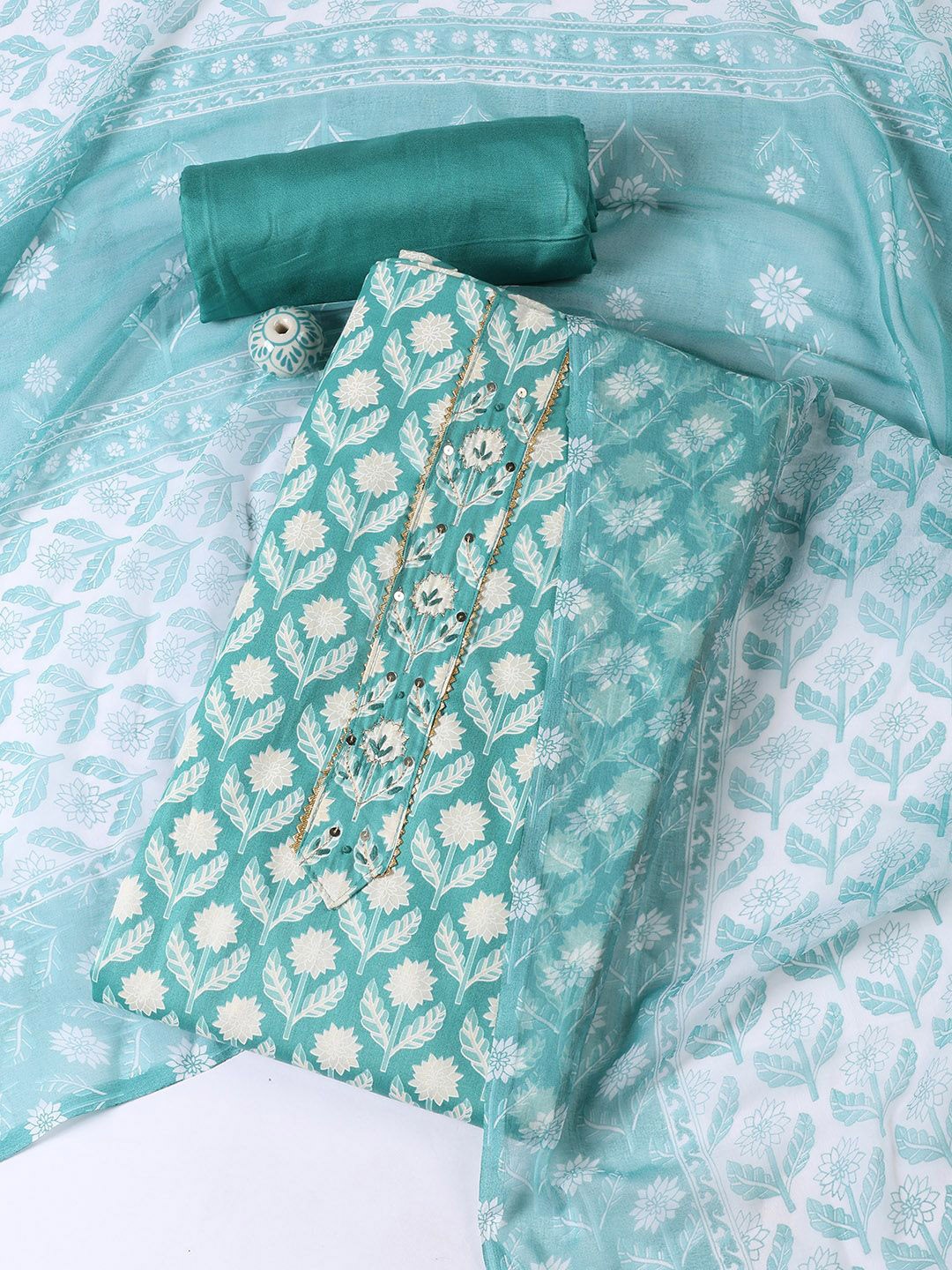 

Meena Bazaar Floral Printed Gotta Patti Unstitched Dress Material, Sea green