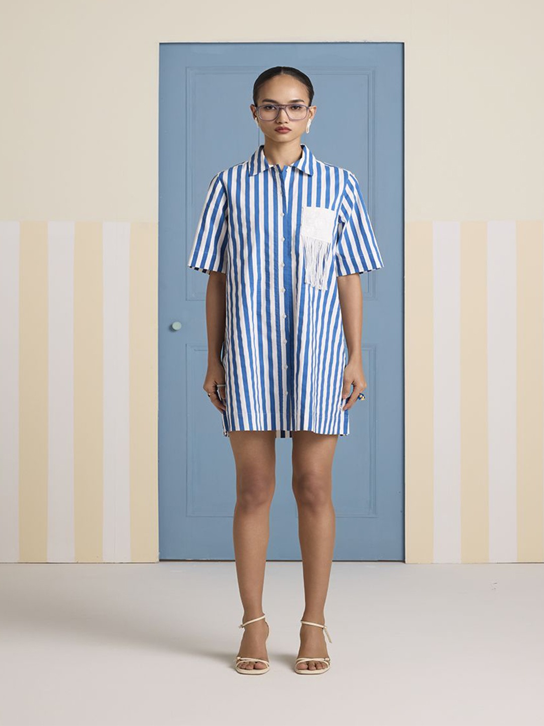 

Muvazo Women Striped Shirt Mini Dress, Blue