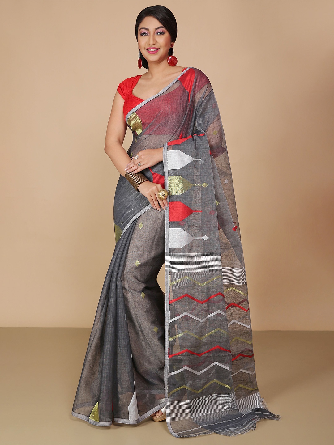 

BENGAL HANDLOOM Woven Design Jamdani Saree, Grey