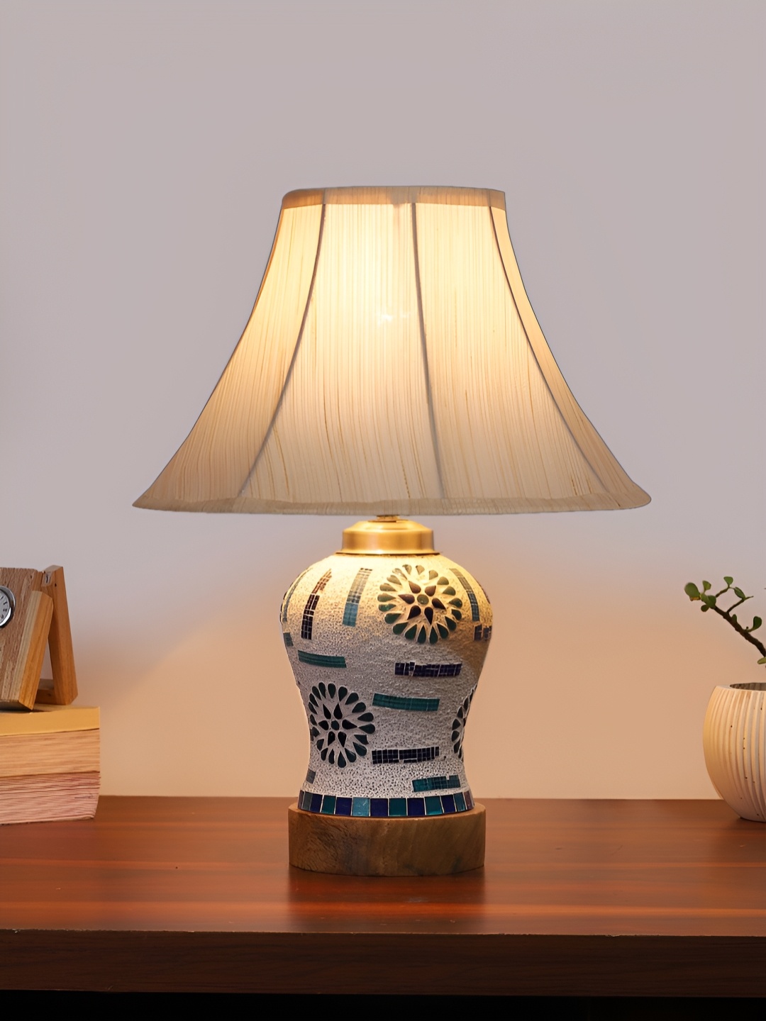 

Devansh Off White Textured Frustum Shaped Wooden Table Lamp