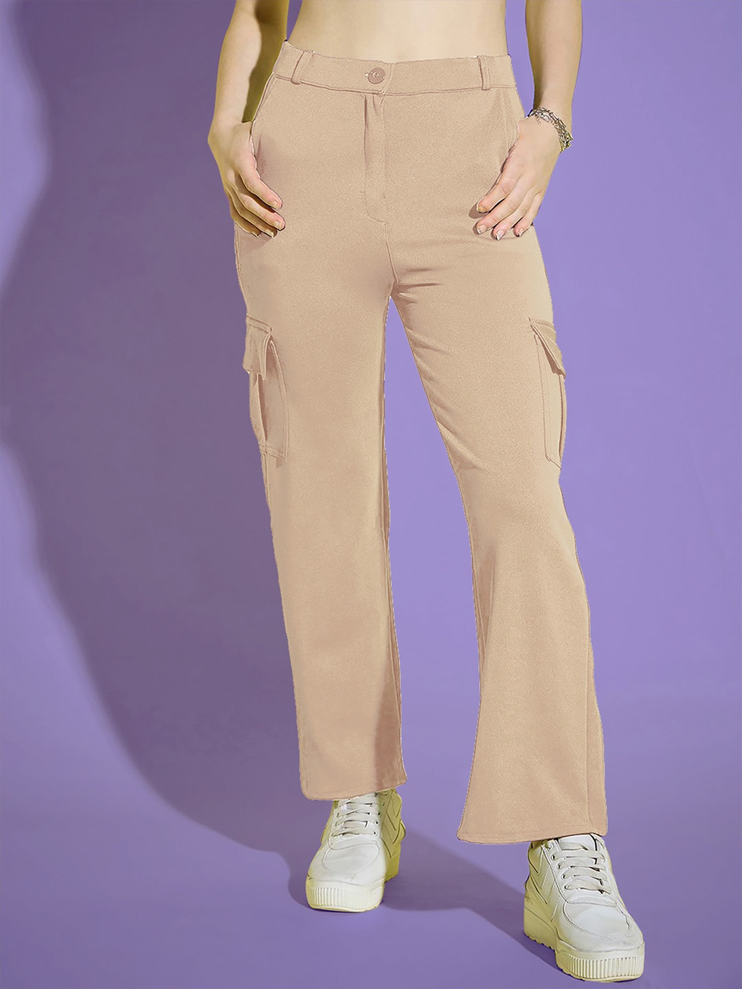 

Dream Beauty Fashion Women Loose Fit High-Rise Easy Wash Cargos Trouser, Beige