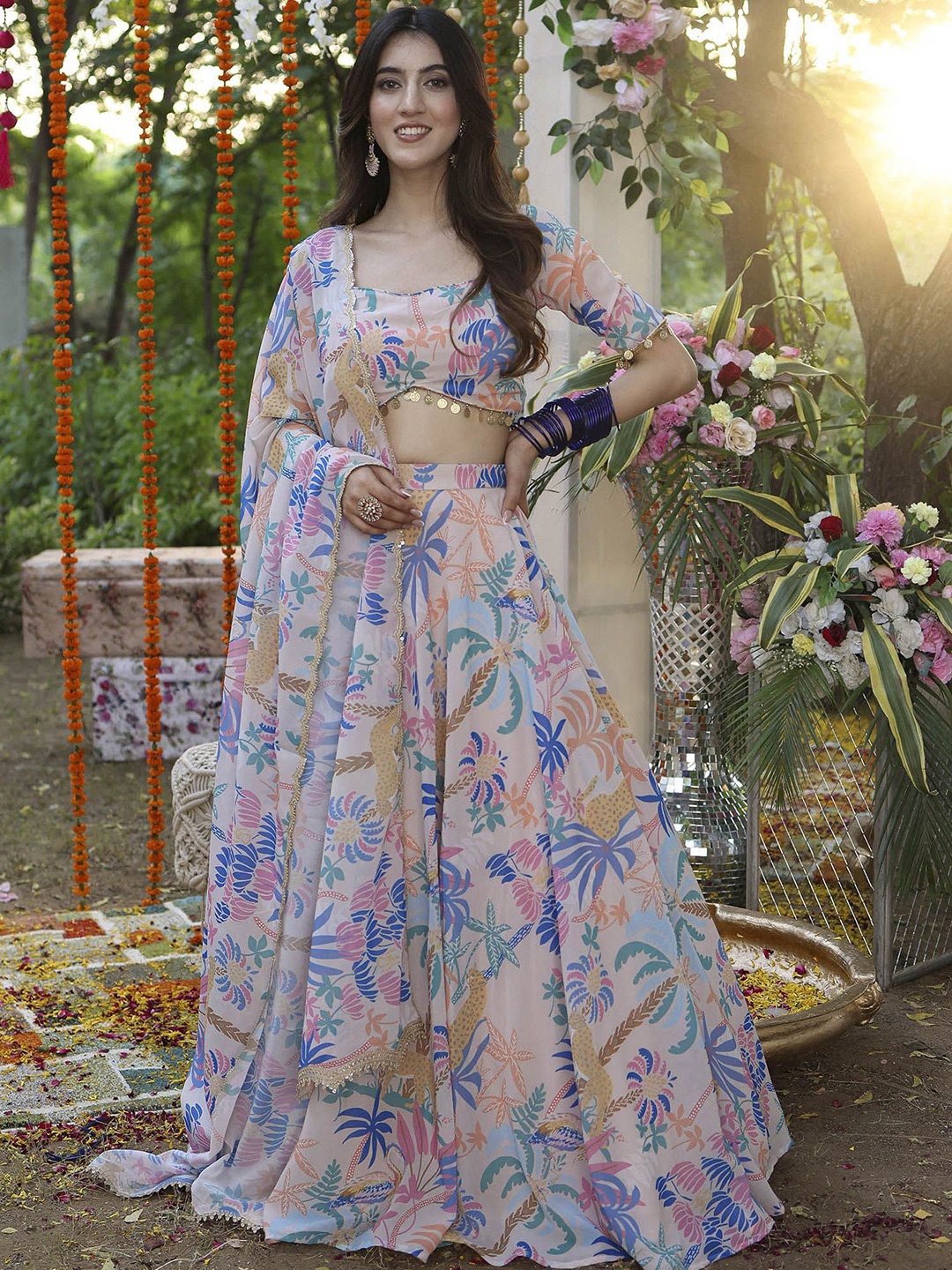 

Kaizen TEXO FAB Floral Printed Semi-Stitched Lehenga & Unstitched Blouse With Dupatta, Pink