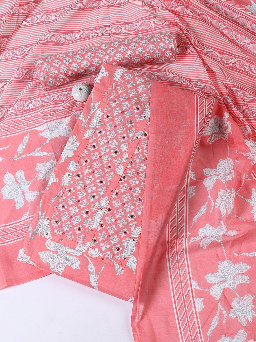 

Meena Bazaar Floral Printed Mirror Work Unstitched Dress Material, Peach
