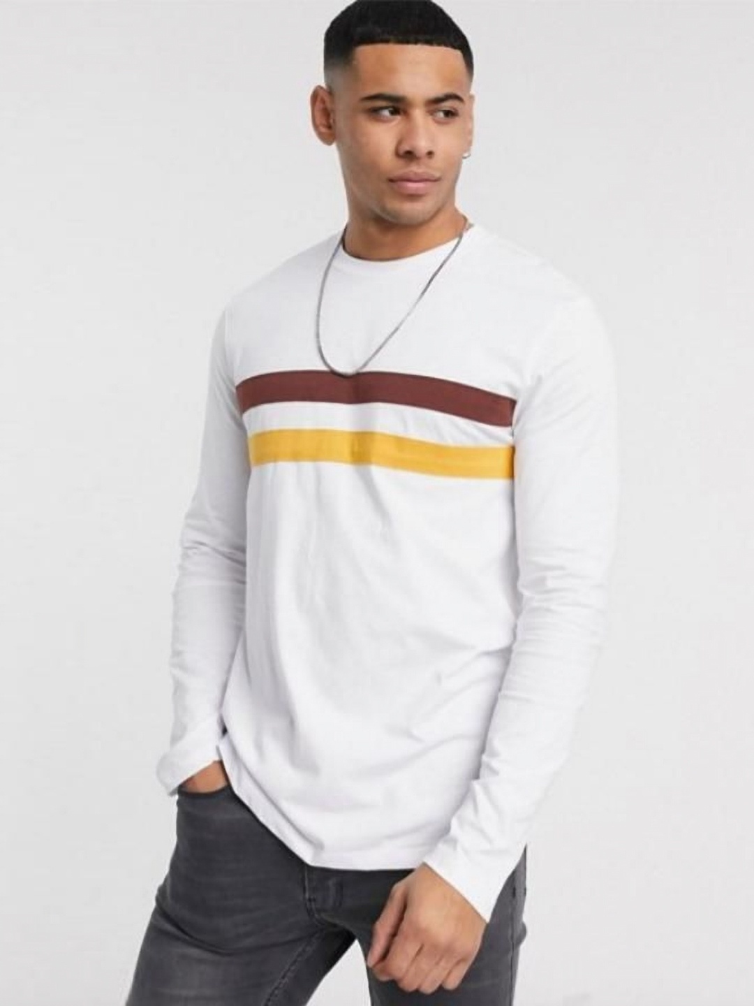 

Unicus Apparel Striped Round Neck Long Sleeves Cotton T-shirt, White
