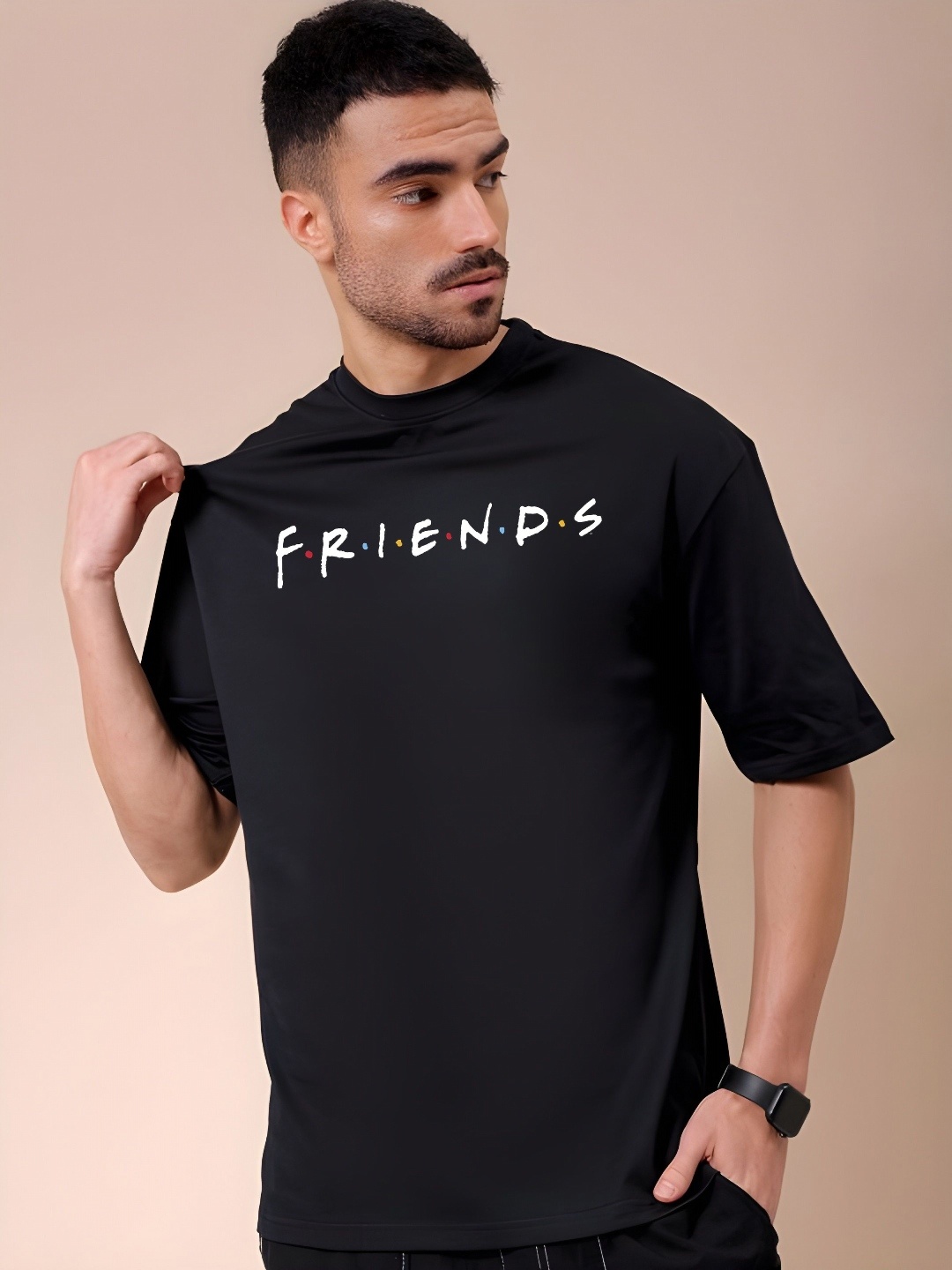 

THE BEETEL HOUSE Men Typography Printed Round Neck Cotton Oversized T-shirt, Black