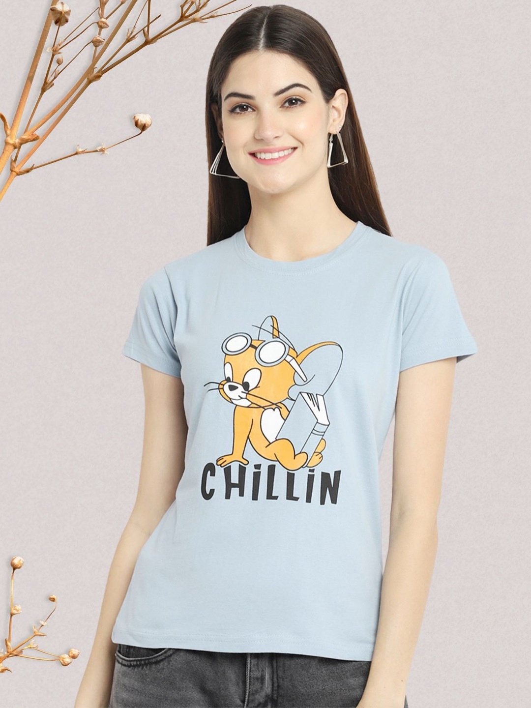 

Dreambe Women Tom & Jerry Graphic Printed Round Neck Cotton T-shirt, Blue