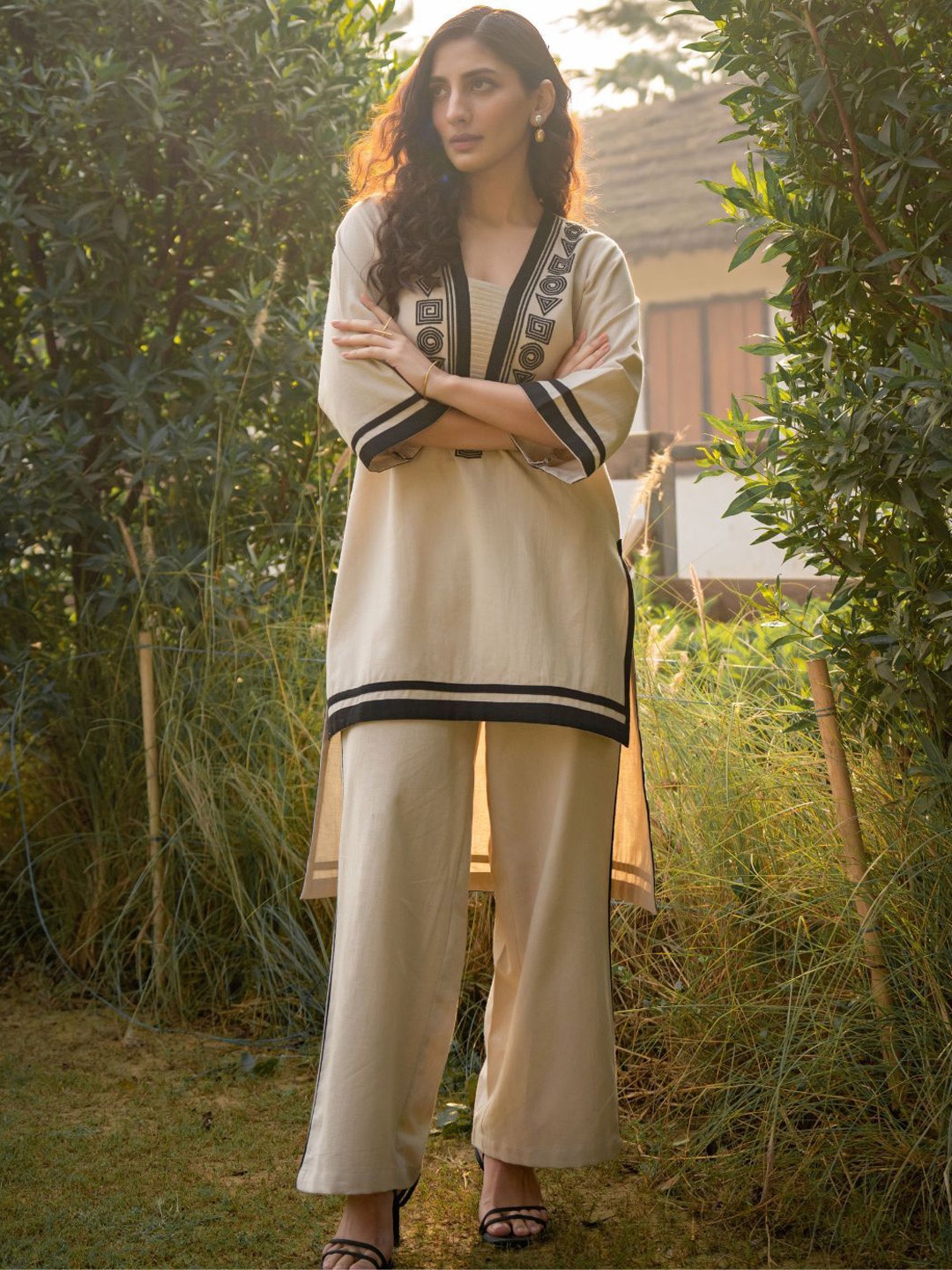 

Kaftanize Embroidered Pleated Front Cotton Co-Ord Set With Tassel & Piping Details, Beige
