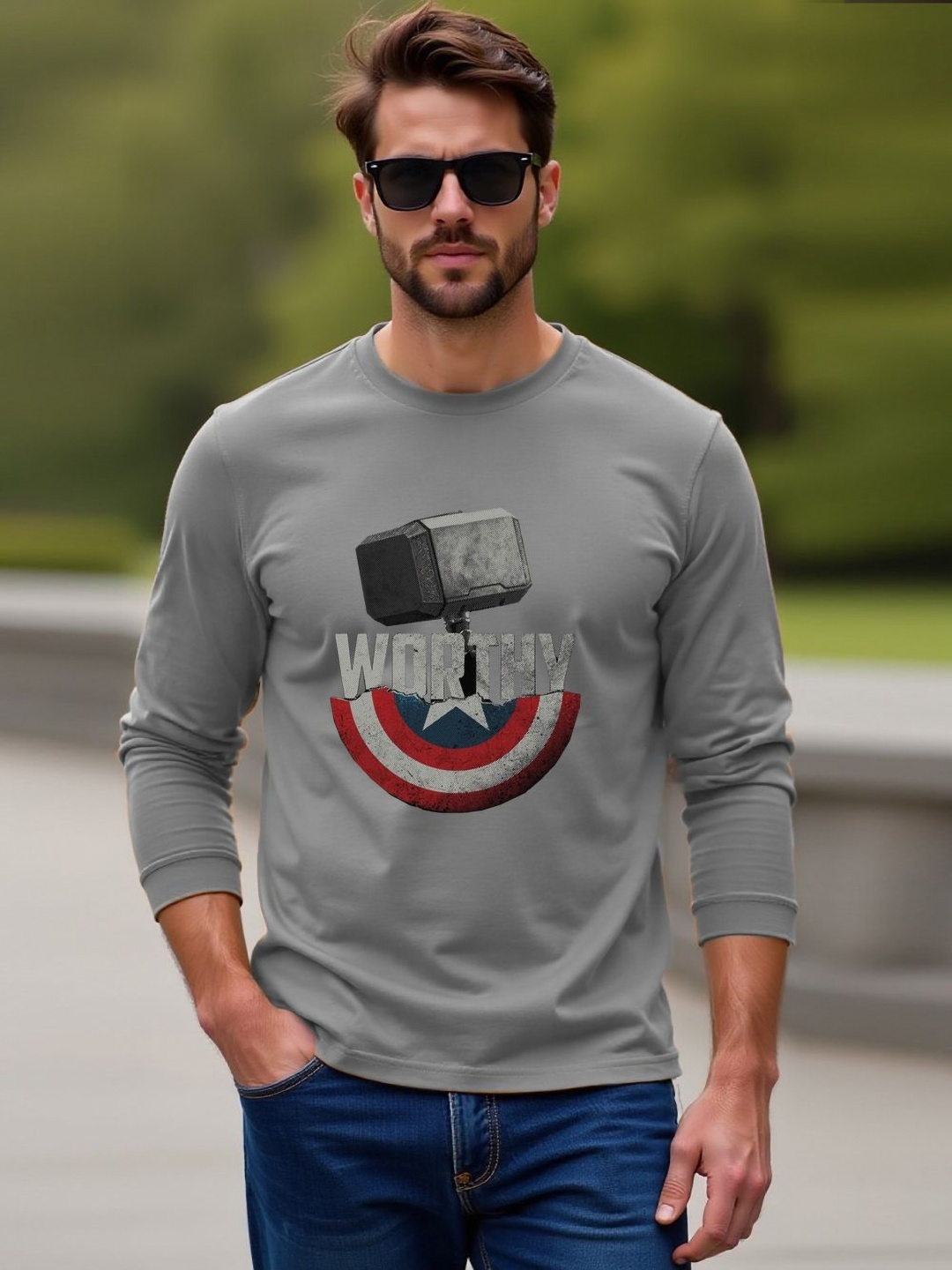 

Genzy Graphic Printed Round Neck Cotton T-shirt, Grey