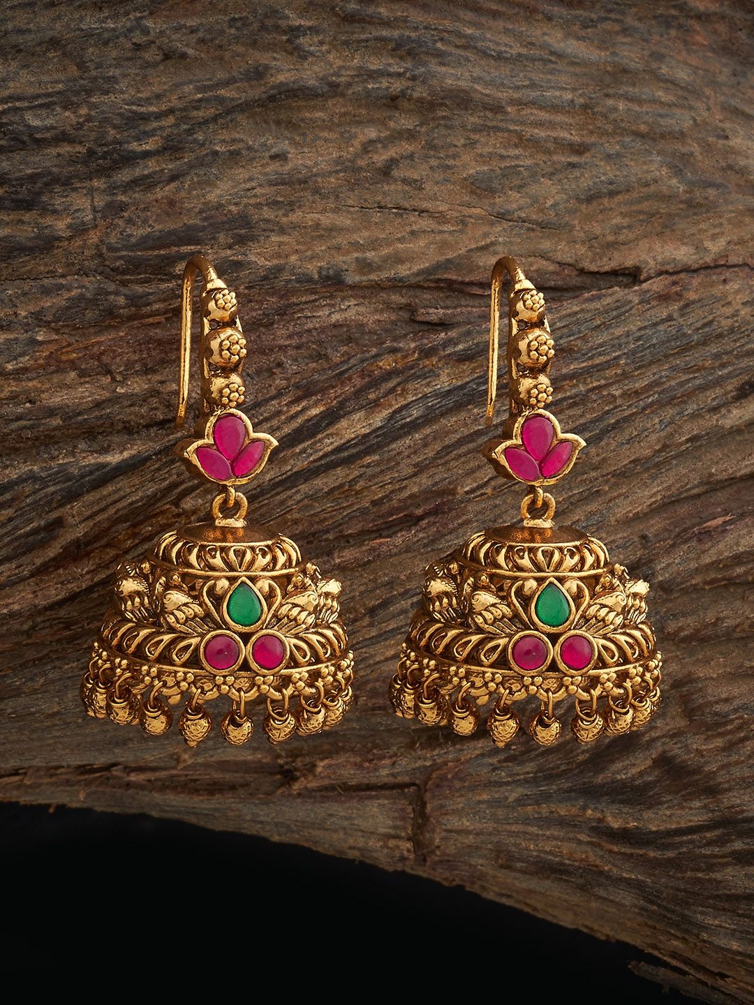 

Kushal's Fashion Jewellery Gold-Plated Dome Shaped Stone Studded & Beaded Antique Jhumkas