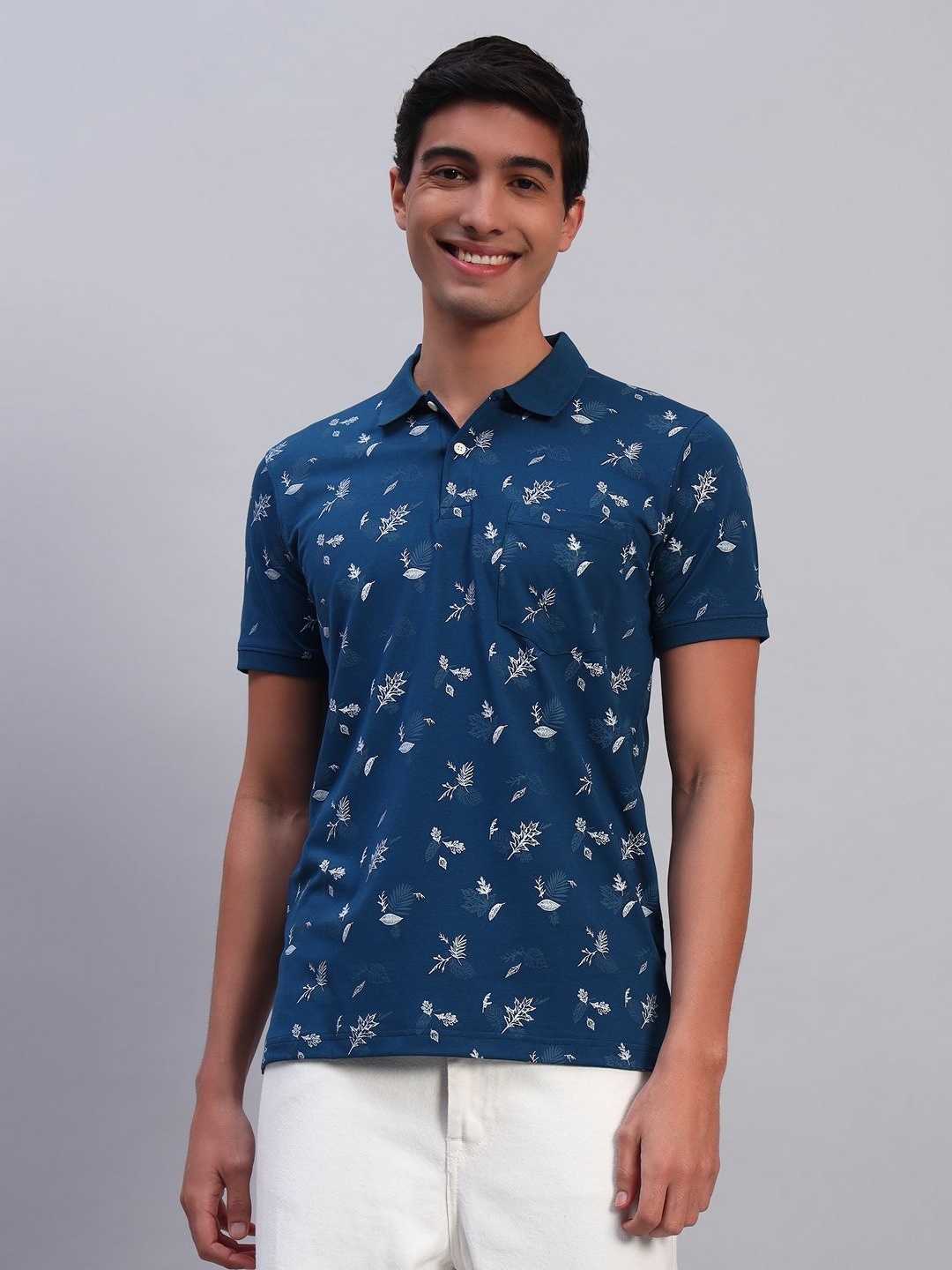 

TMO Men Floral Printed Polo Collar Cotton T-shirt, Navy blue