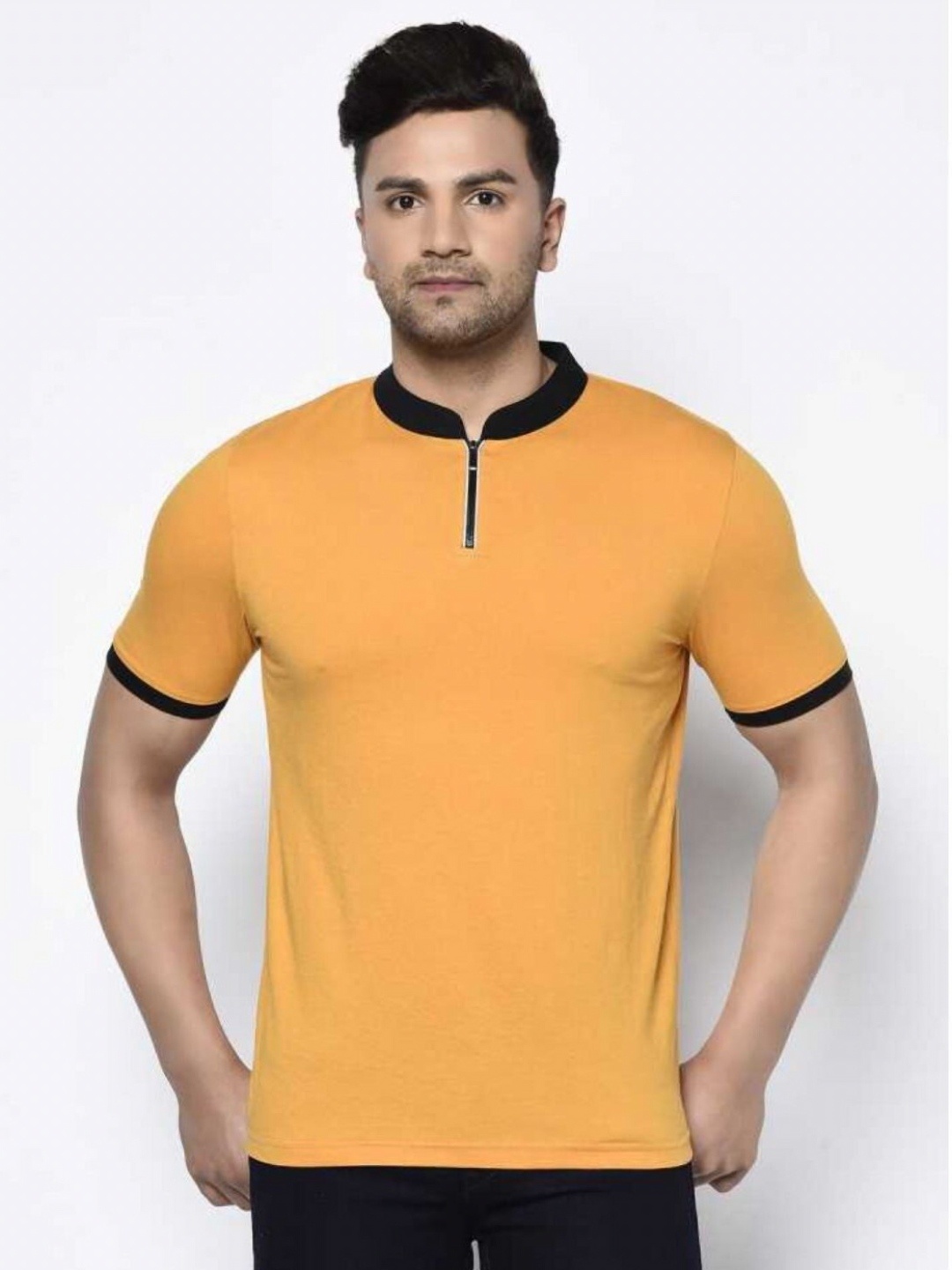 

Unicus Apparel Men Solid Mandarin Collar Cotton Slim Fit T-shirt, Yellow