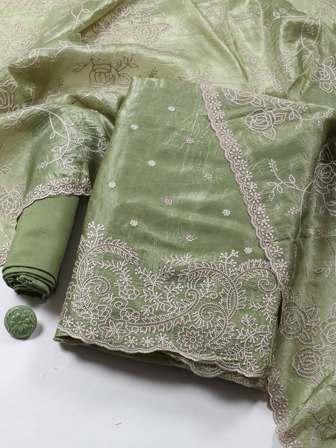 

Meena Bazaar Floral Embroidered Thread Work Unstitched Dress Material, Green