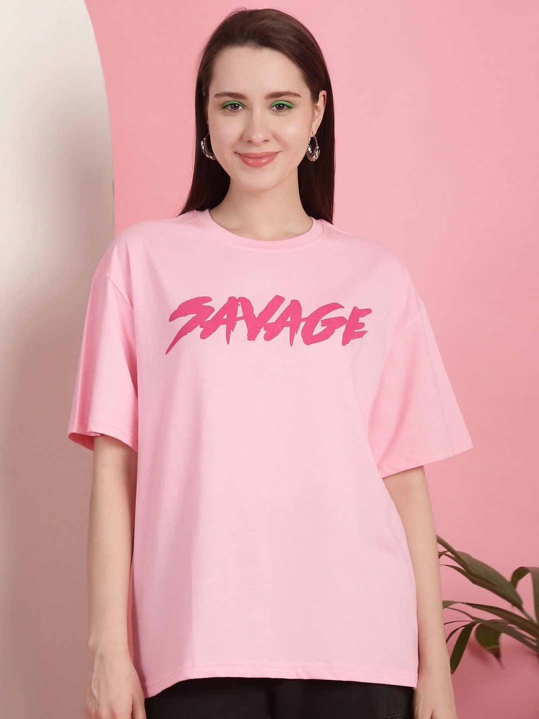 

Tromko Graphic Printed Round Neck Short Sleeves Cotton Oversized T-shirt, Pink