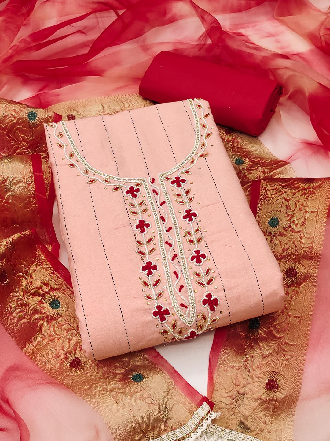 

SHADOW & SAINING Striped Beads and Stones Pure Cotton Unstitched Dress Material, Peach