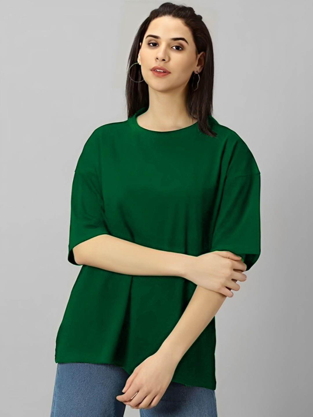 

LECOWAR Women Solid Oversized Cotton T-shirt, Green