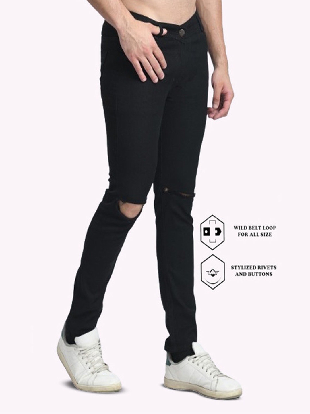 

COMFITS Men Classic Regular Fit Slash Knee Cotton Stretchable Jeans, Black