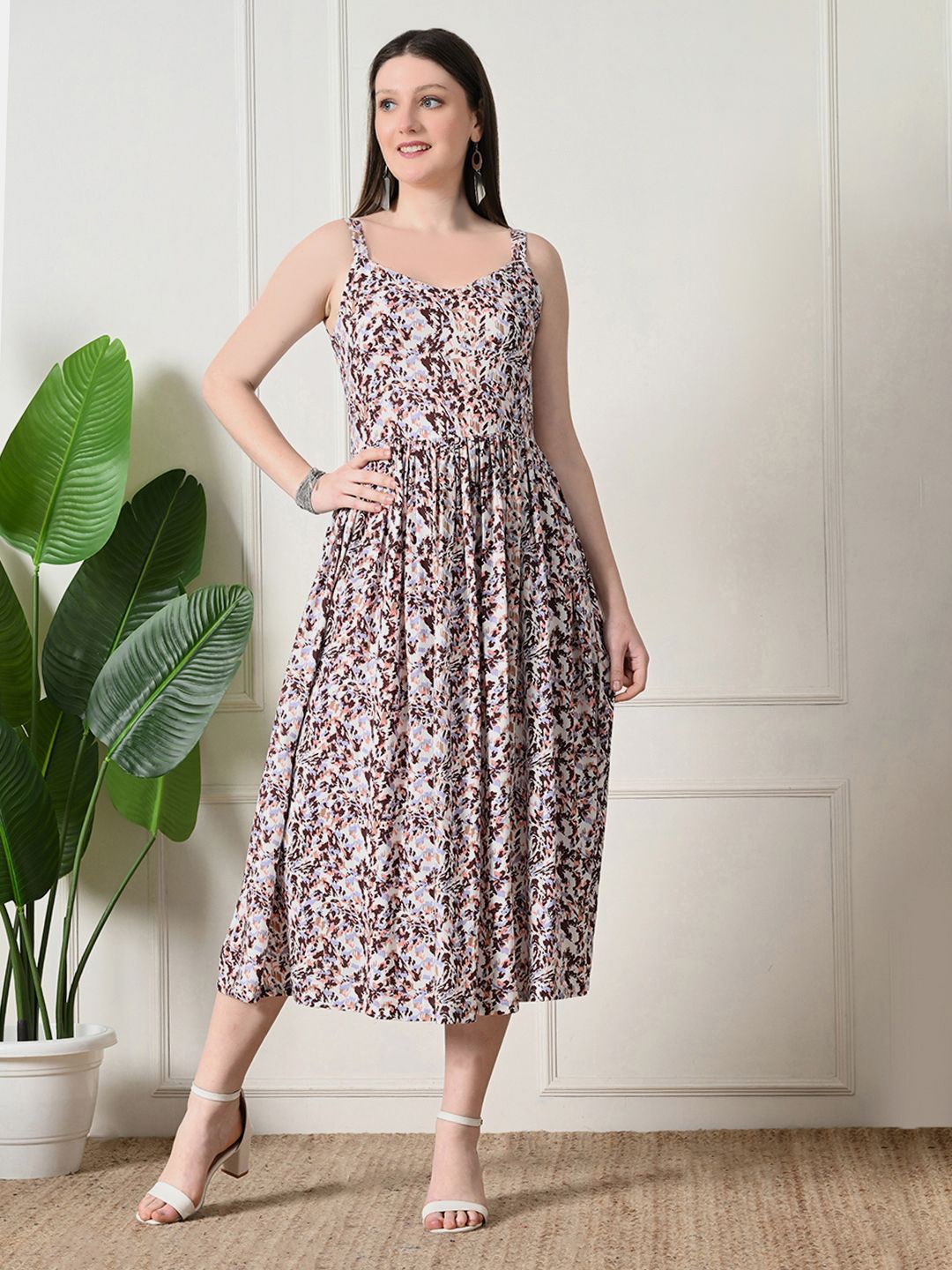 

KALINI Print Fit & Flare Midi Dress, Cream