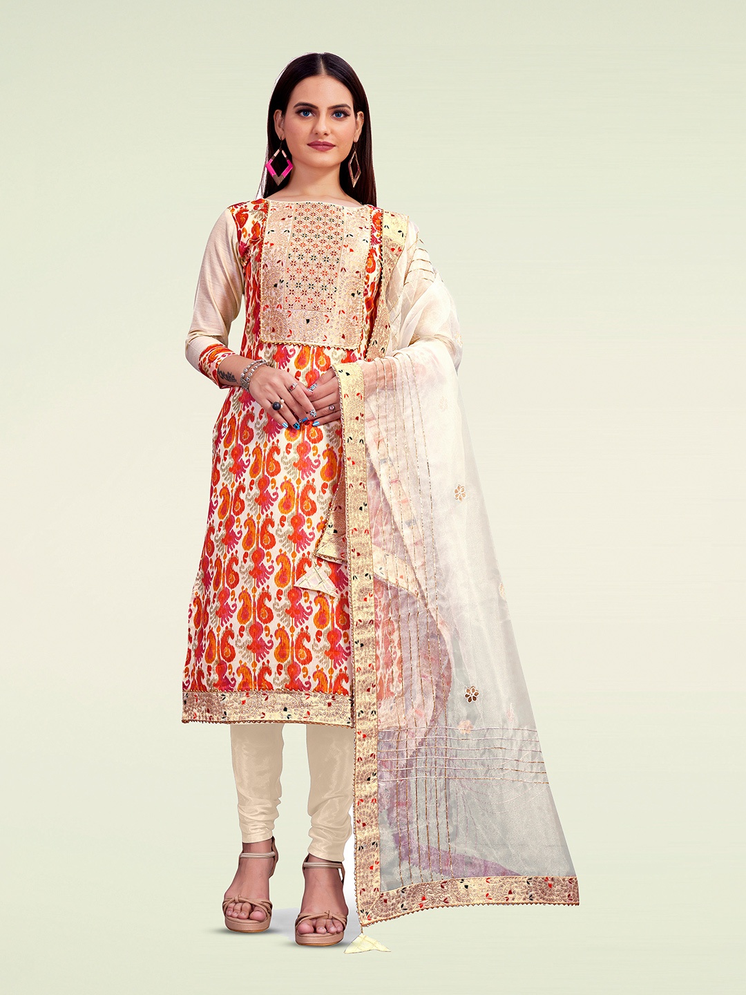 

Maroosh Paisley Printed Gotta Patti Chanderi Unstitched Dress Material, Beige