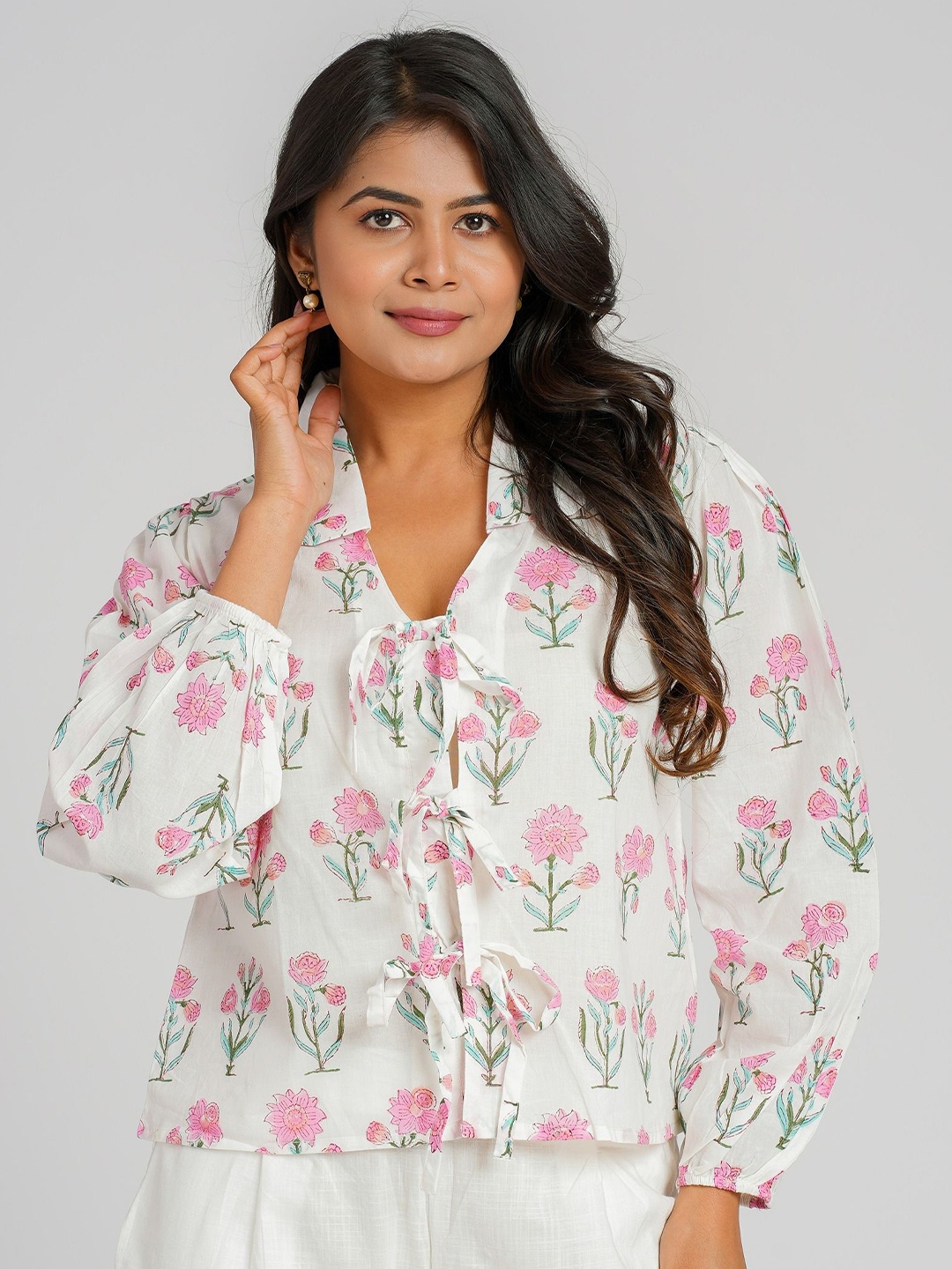 

Cotton Curio Women Cotton Block Floral Printed Top Tie-Up Detail, White