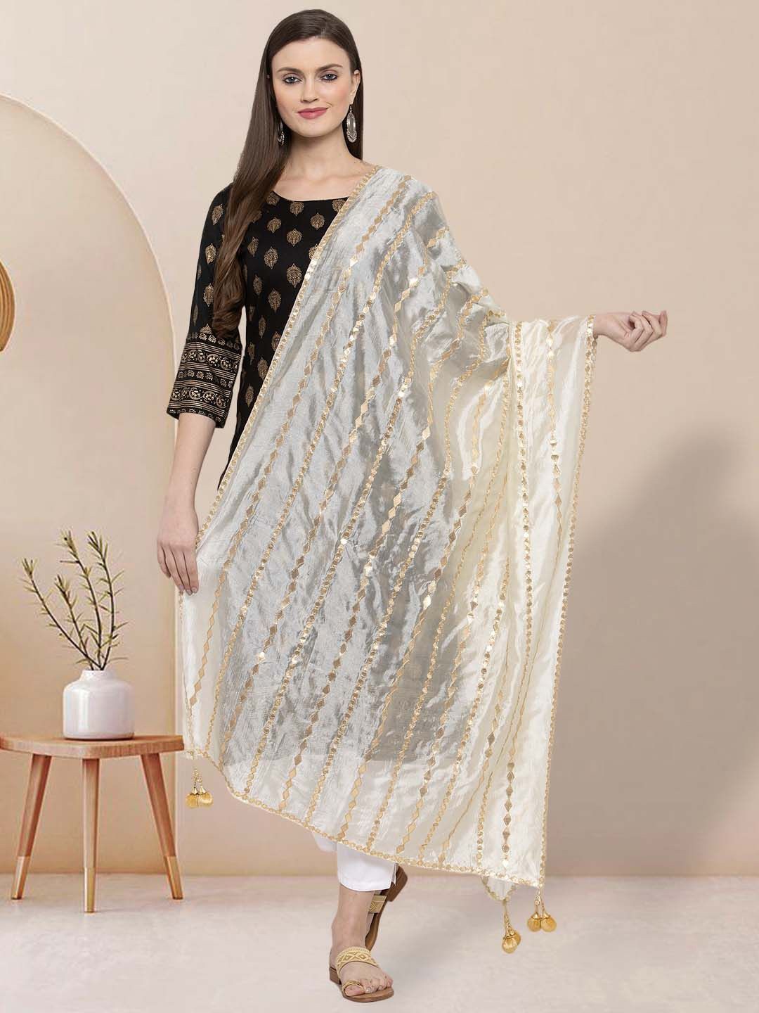 

Moda Rapido Striped Embroidered Gotta Patti Dupatta, Off white