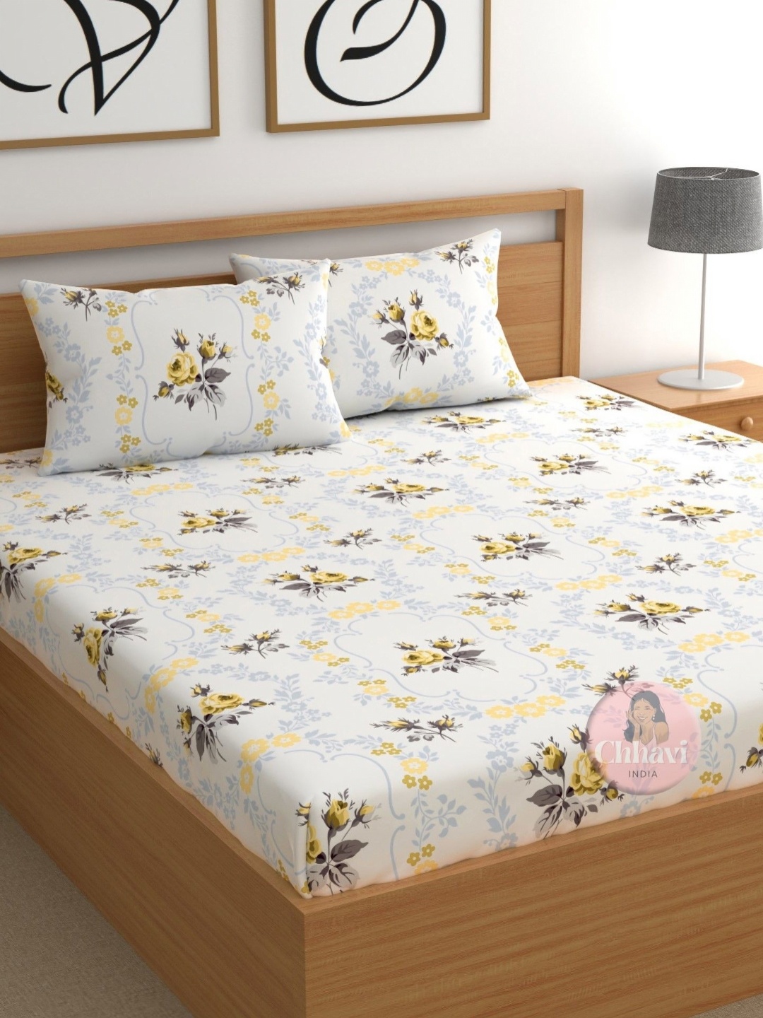 

CHHAVI INDIA White & Yellow Floral 210 TC Microfiber Queen Bedsheet Set 2.50 m x 2.25 m
