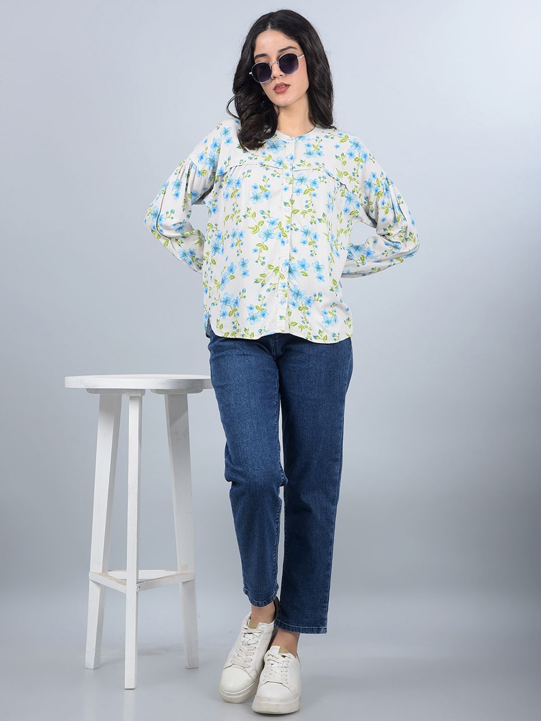 

Crimsoune Club Slim Fit Floral Band Collar Opaque Printed Shirt, White