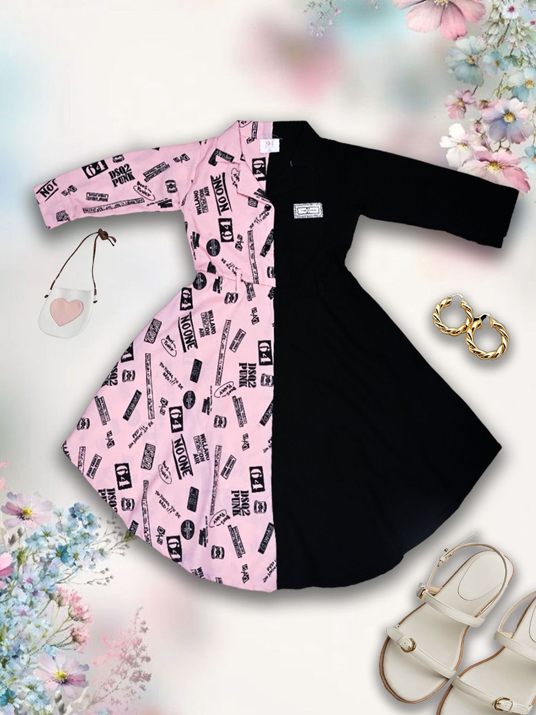 

we11Girls Floral Print Georgette Fit & Flare Dress, Black