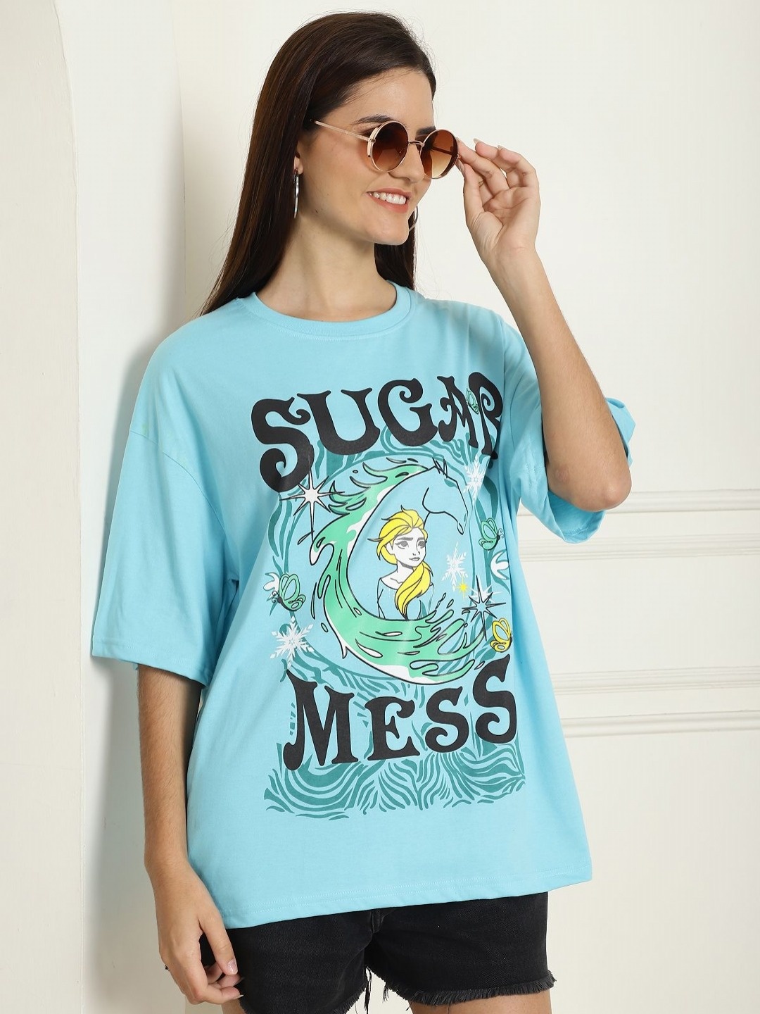 

Tromko Women Graphic Printed Round Neck Cotton Oversized T-shirt, Blue