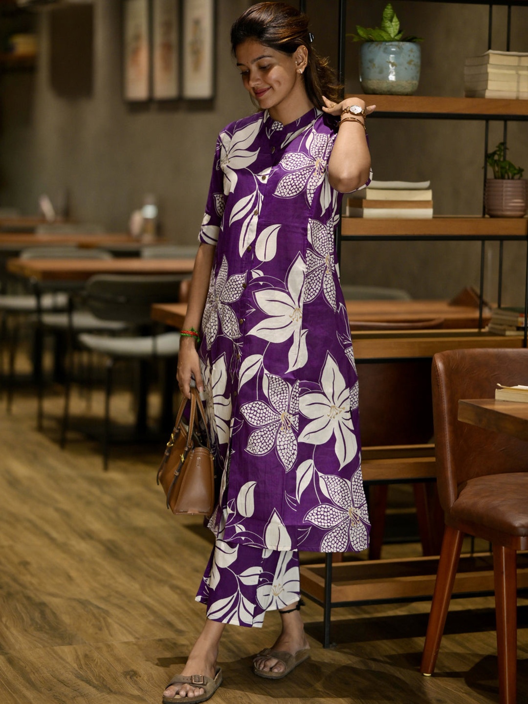 

Anni Designer Floral Printed Mandarin Collar Kurta With Palazzos, Purple