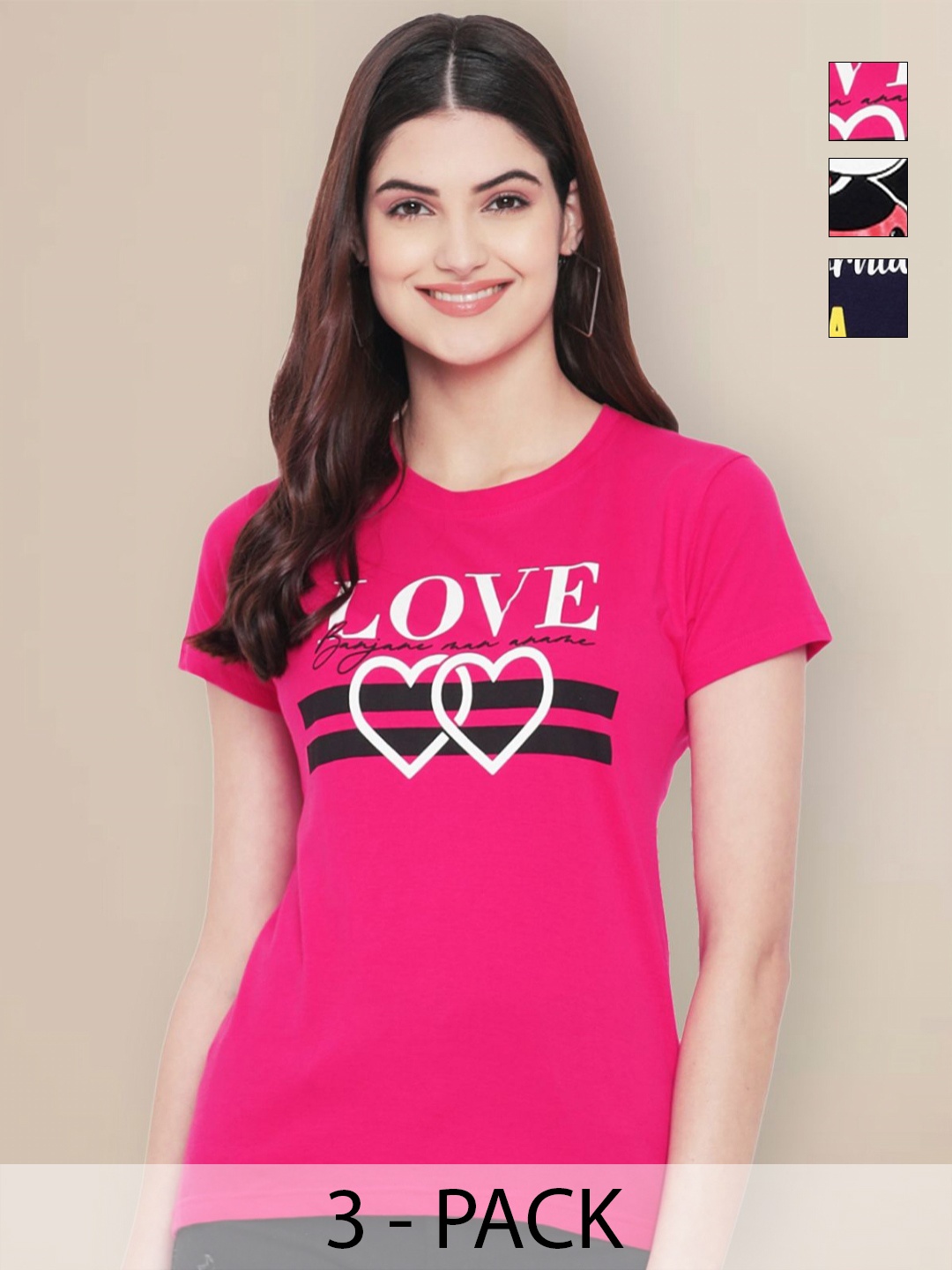 

Metronaut Pack Of 3 Typography Printed Round Neck Short Sleeves Cotton T-shirt, Pink