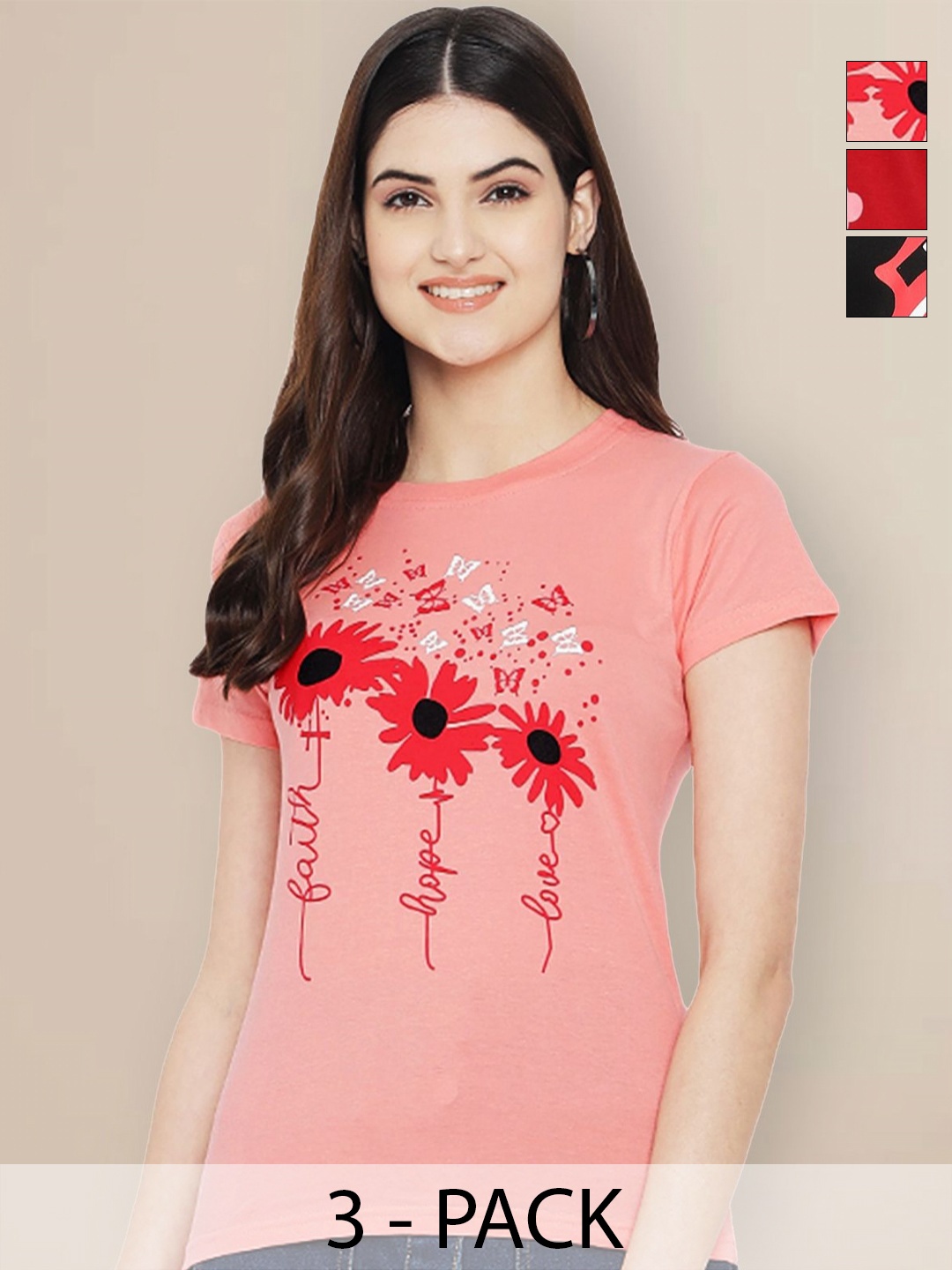 

Metronaut Pack Of 3 Typography Printed Round Neck T-shirt, Pink