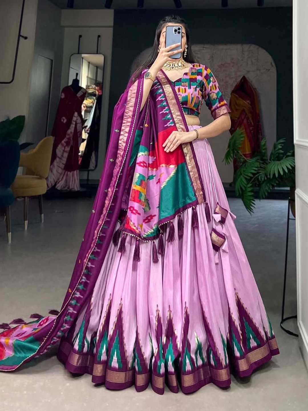 

RADHVI BIZ Abstract Kalamkari Ready to Wear Lehenga & Semi-Stitched Blouse With Dupatta, Purple