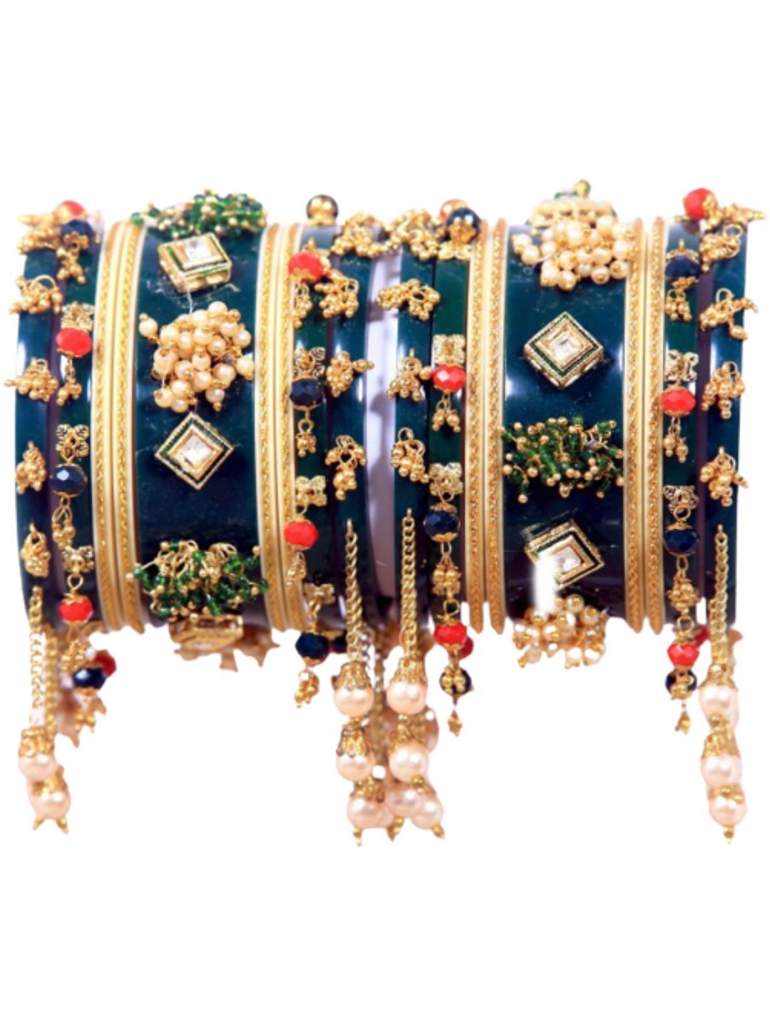 

Zindura Set Of 2 Gold-Plated Crystals-Studded & Beaded Chuda Bangles, Green