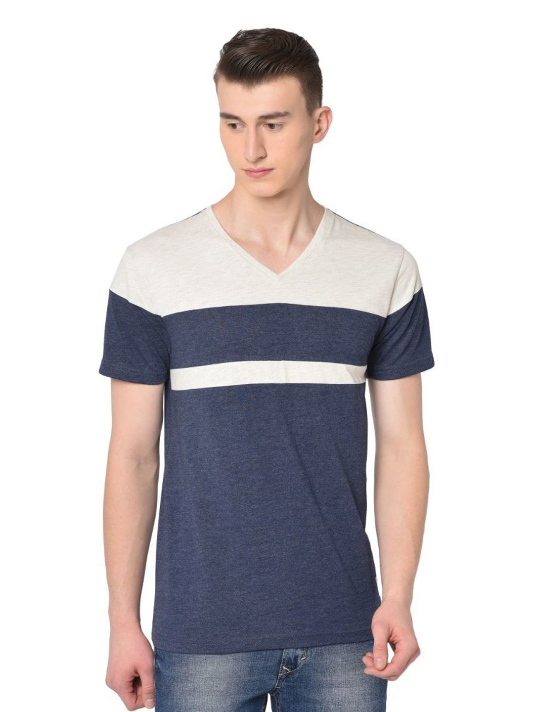 

Unicus Apparel Men Colourblocked V-Neck Cotton T-shirt, Navy blue
