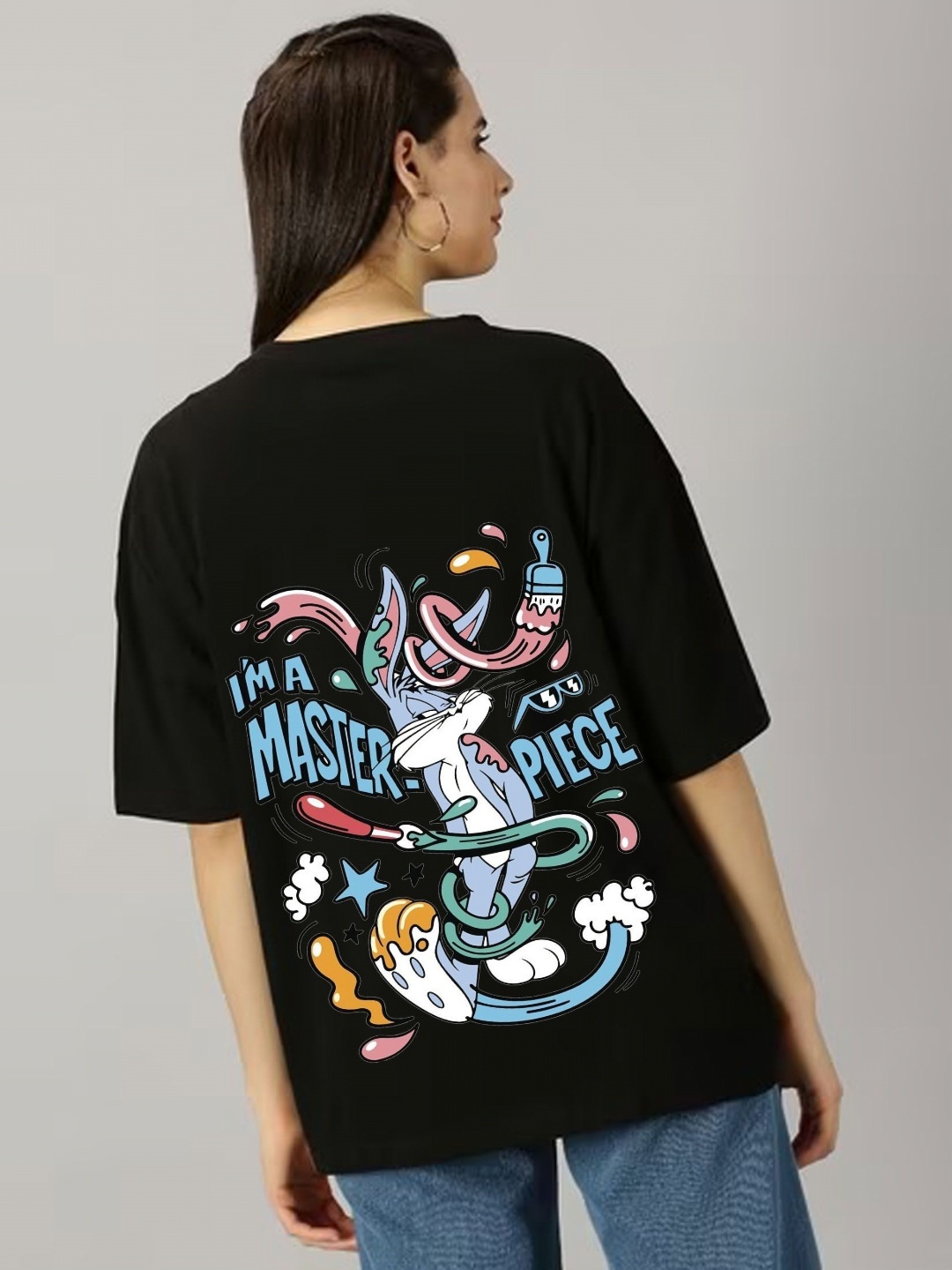 

kintu parantu Women Bugs Bunny Graphic Printed Round Neck Cotton Oversized T-shirt, Black