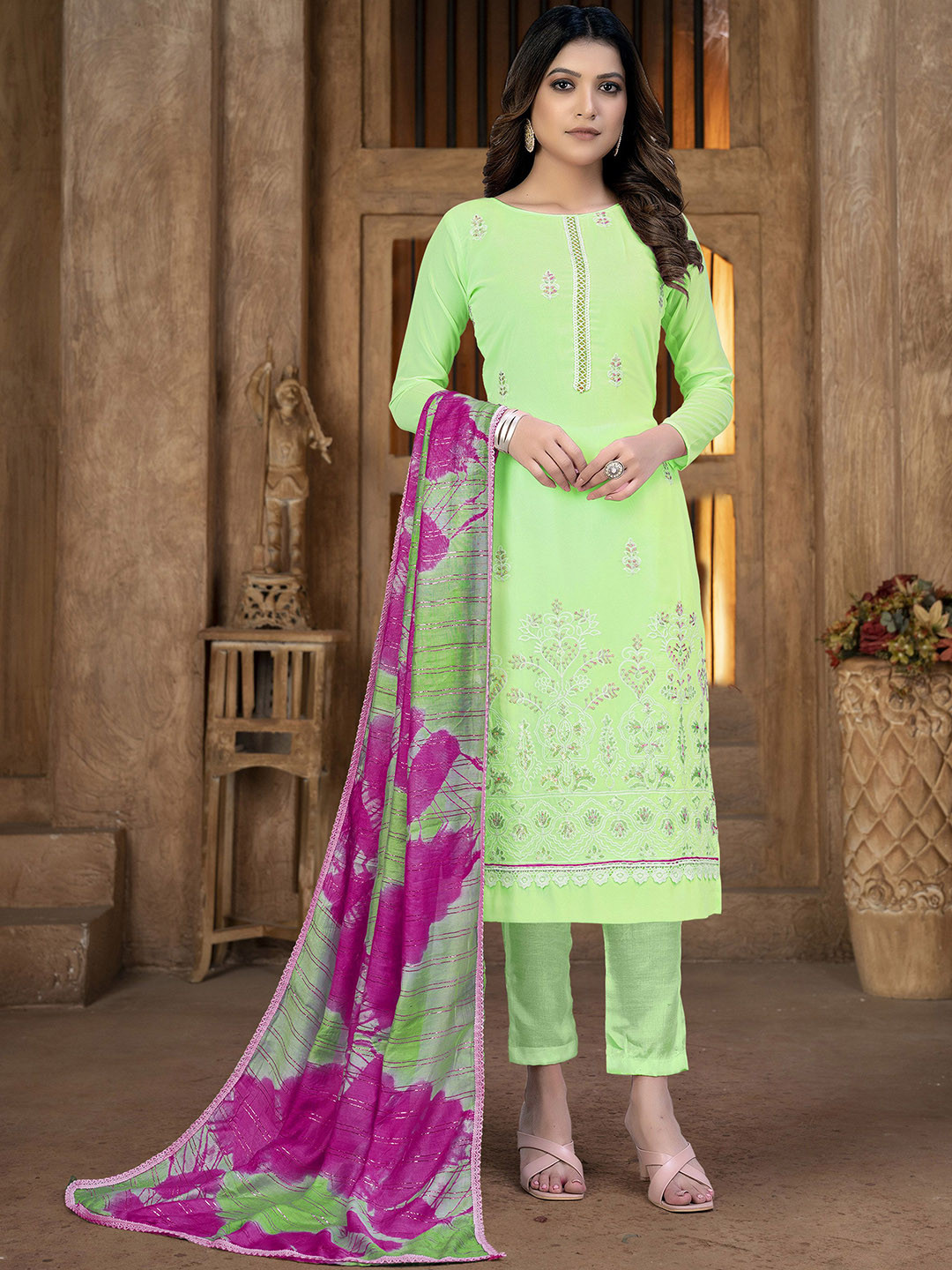 

SHADOW & SAINING Floral Embroidered Sequinned Silk Georgette Semi-Stitched Dress Material, Green